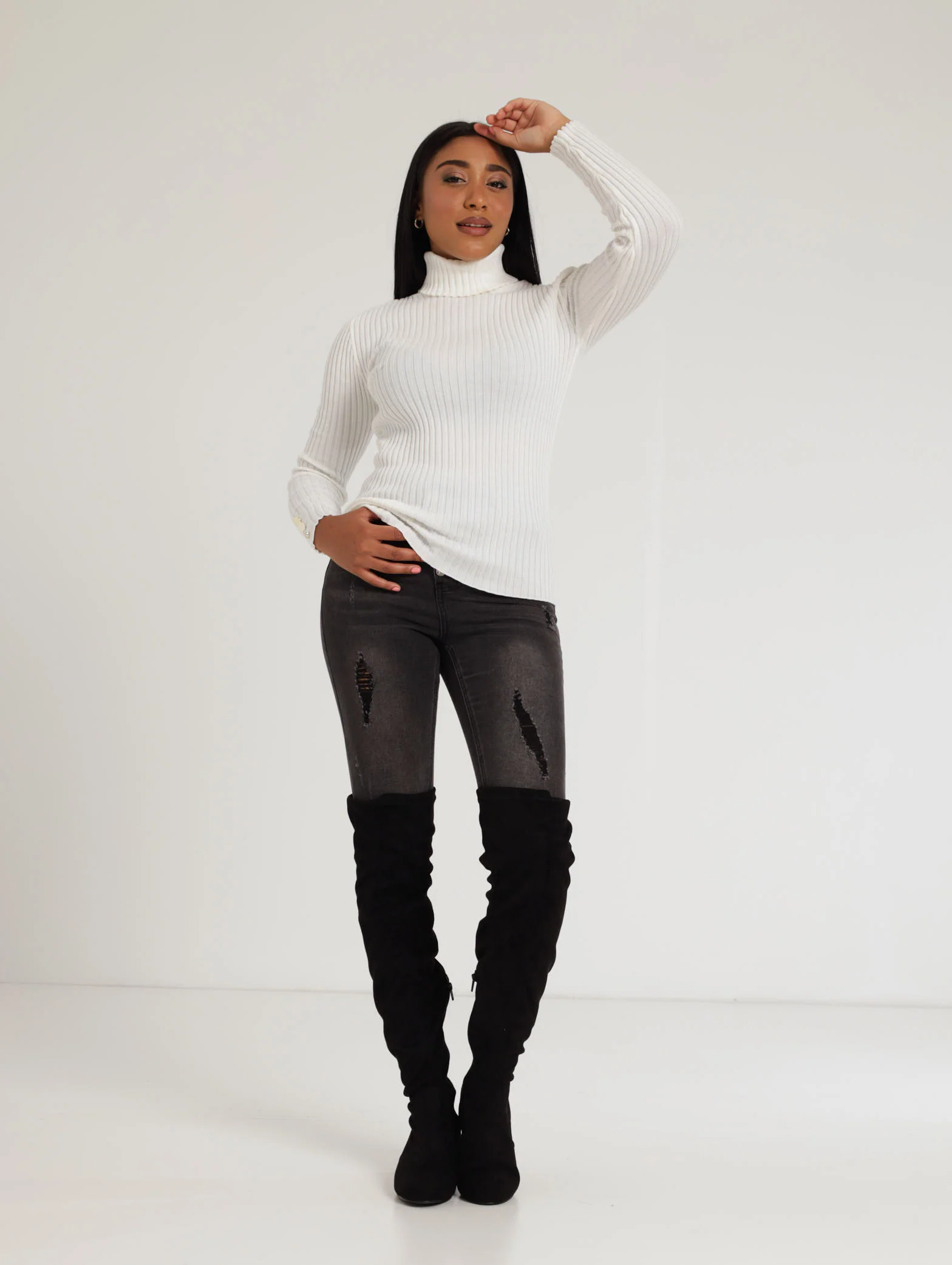 Long Sleeve Button Cuff Detail Ribbed Turtle Neck - Cream - Image 2