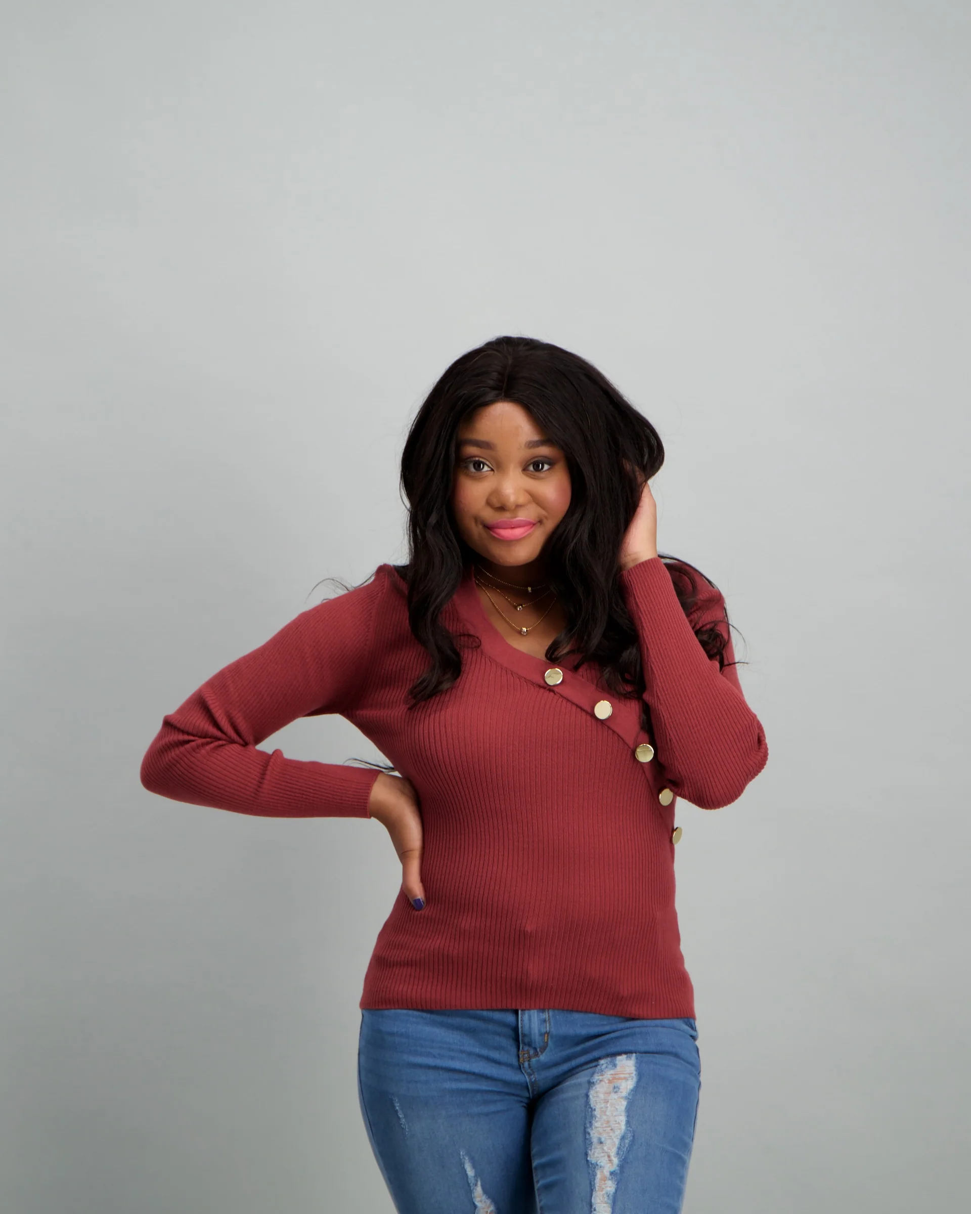 Long Sleeve Button Detailed V-Neck Top - Maroon