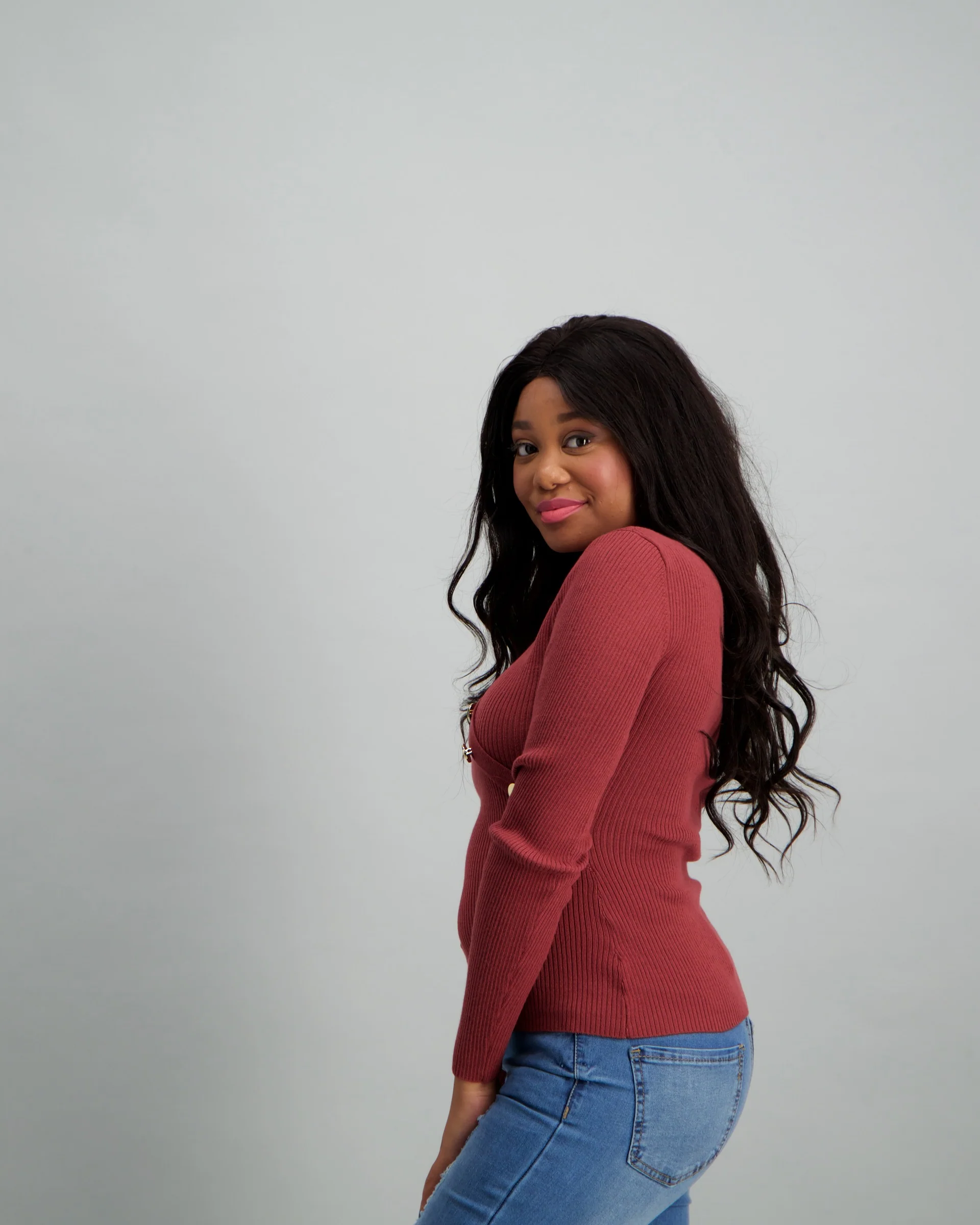 Long Sleeve Button Detailed V-Neck Top - Maroon - Image 3