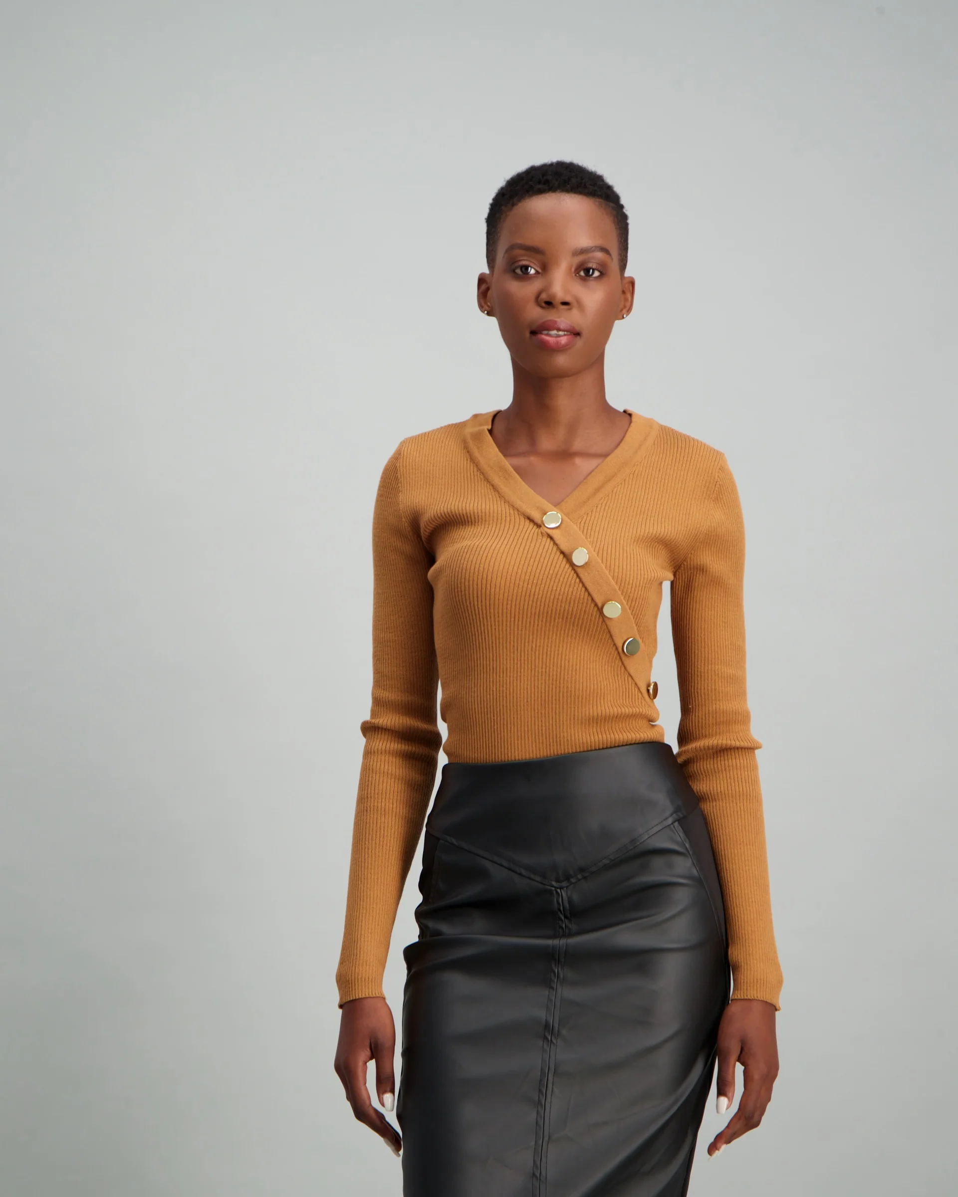 Long Sleeve Button Detailed V-Neck Top - Tan