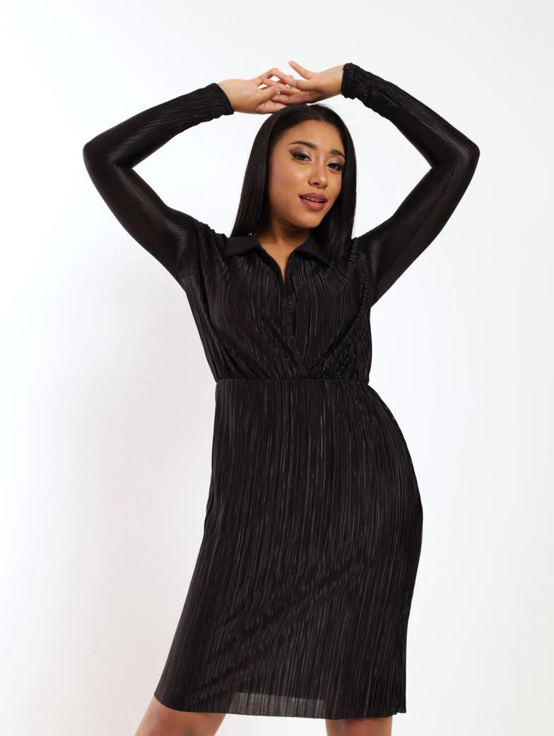 Long Sleeve Collared Bodre Dress - Black