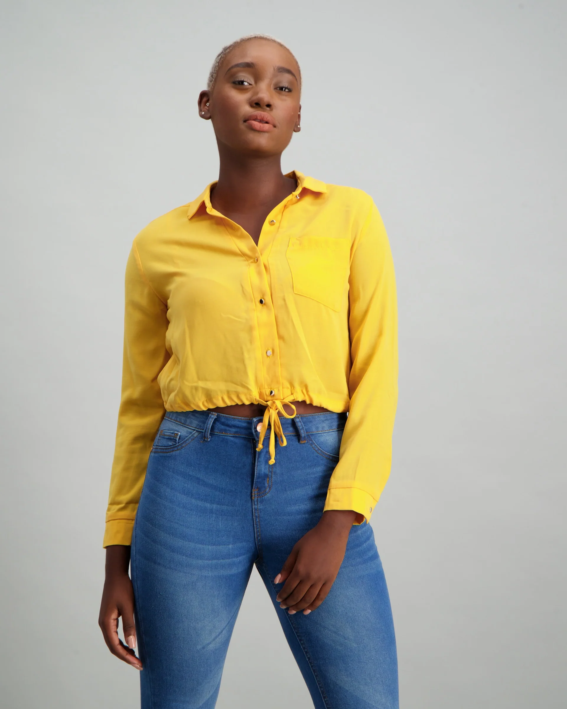 Long Sleeve Crop Tie Waist Pocket Shirt - Yellow