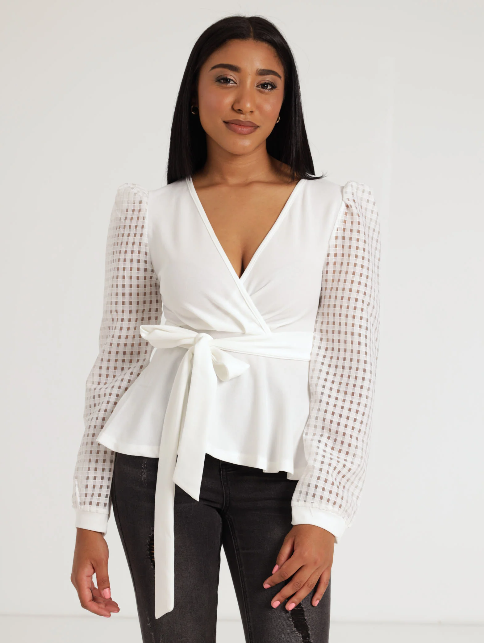 Long Sleeve Cross Over Check Organza Top - Cream