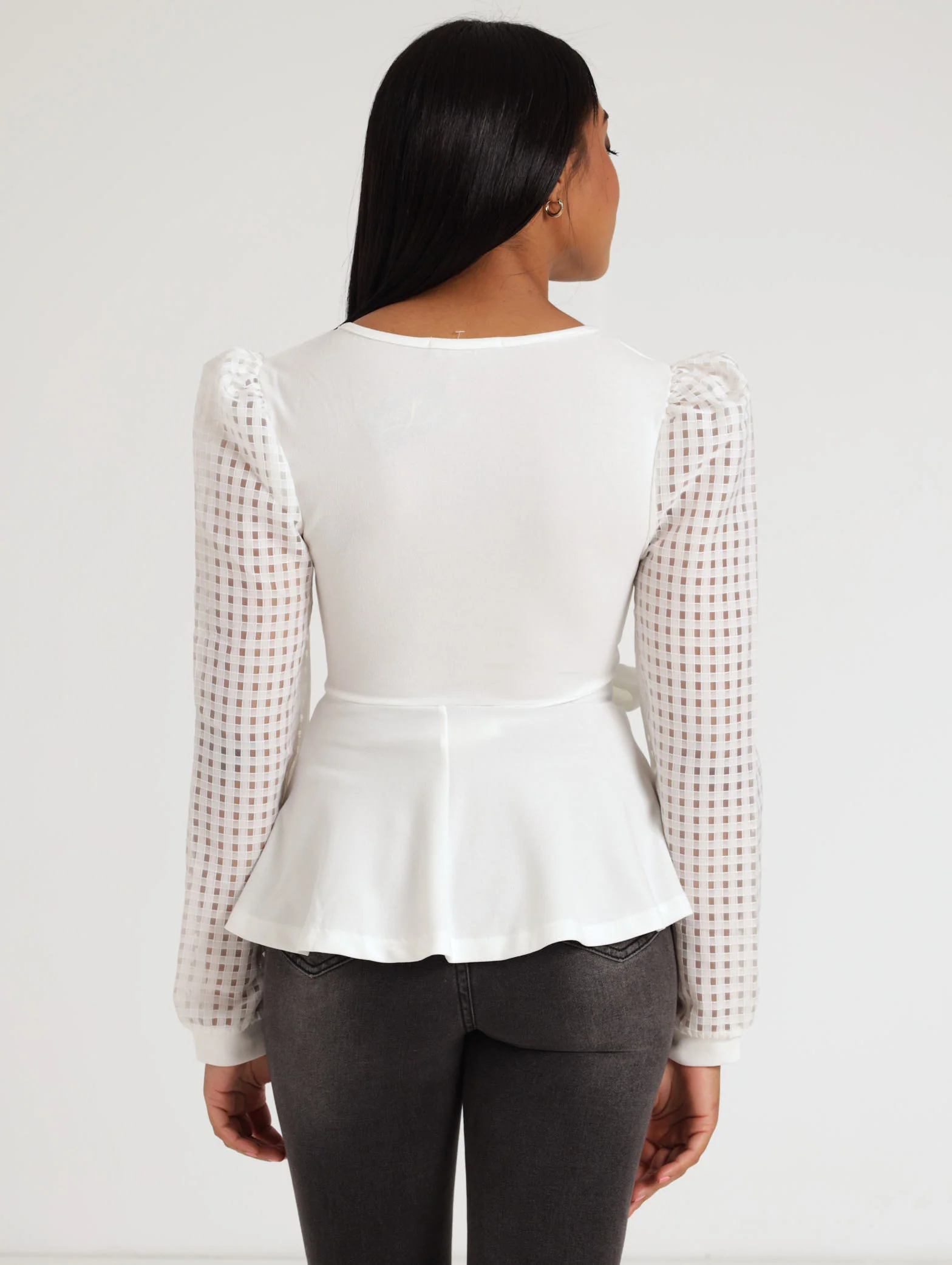 Long Sleeve Cross Over Check Organza Top - Cream - Image 3
