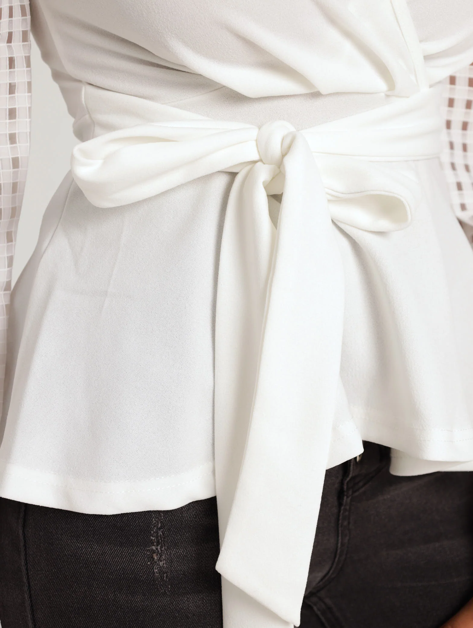 Long Sleeve Cross Over Check Organza Top - Cream - Image 4