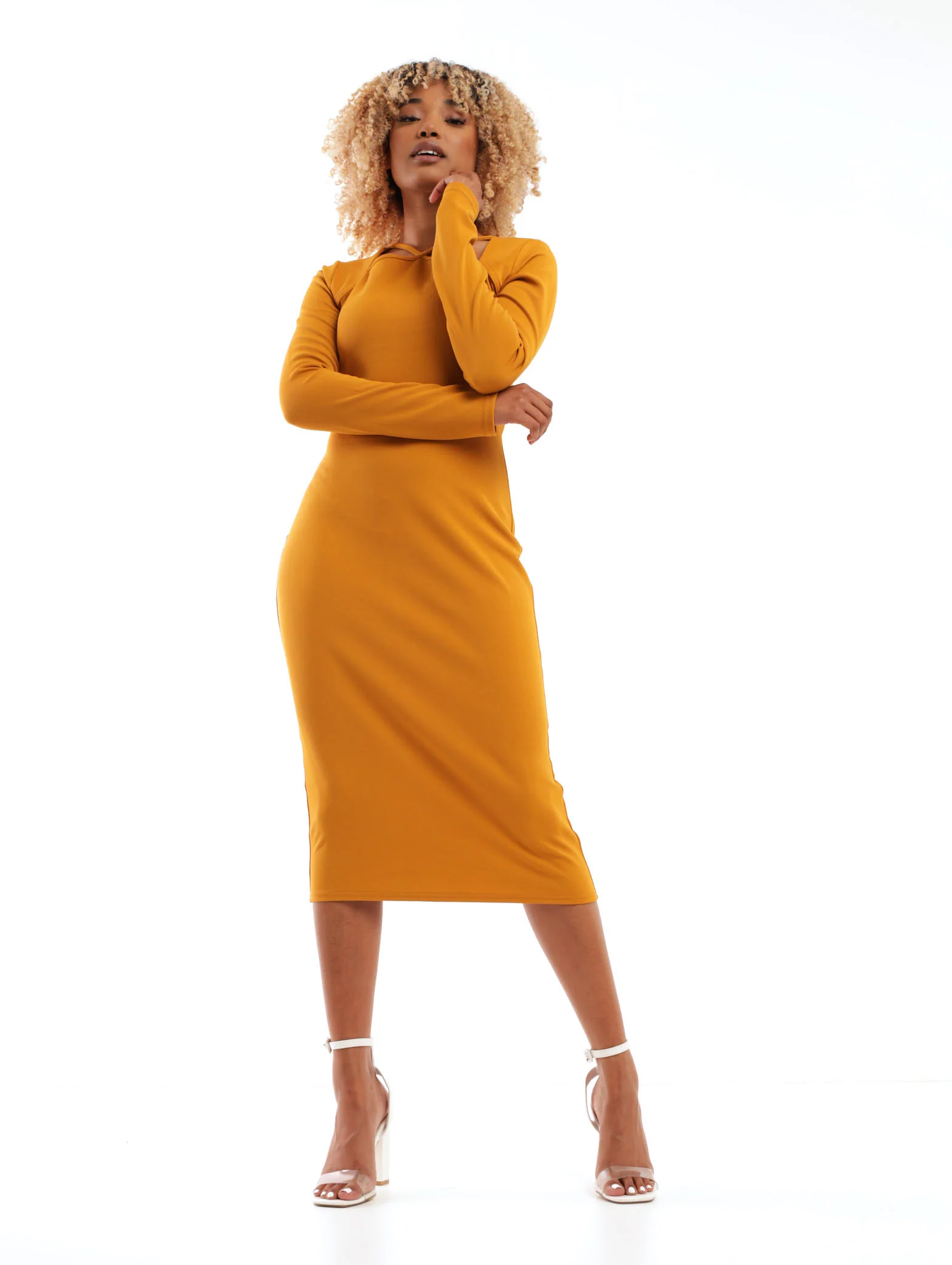 Long Sleeve Crossfront Bodycon Dress - Mustard
