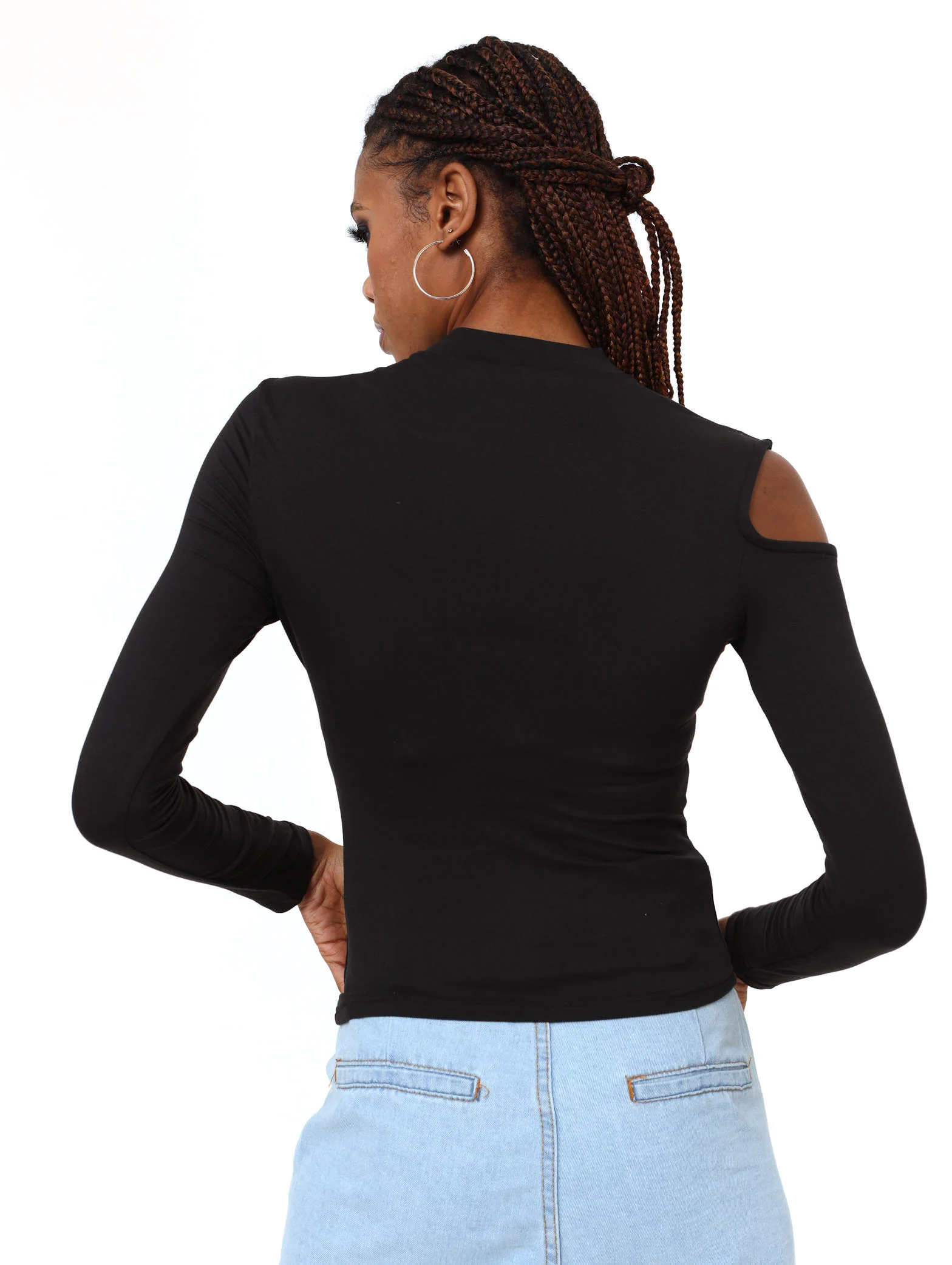 Long Sleeve Cut Out Shoulder Top - Black - Image 2