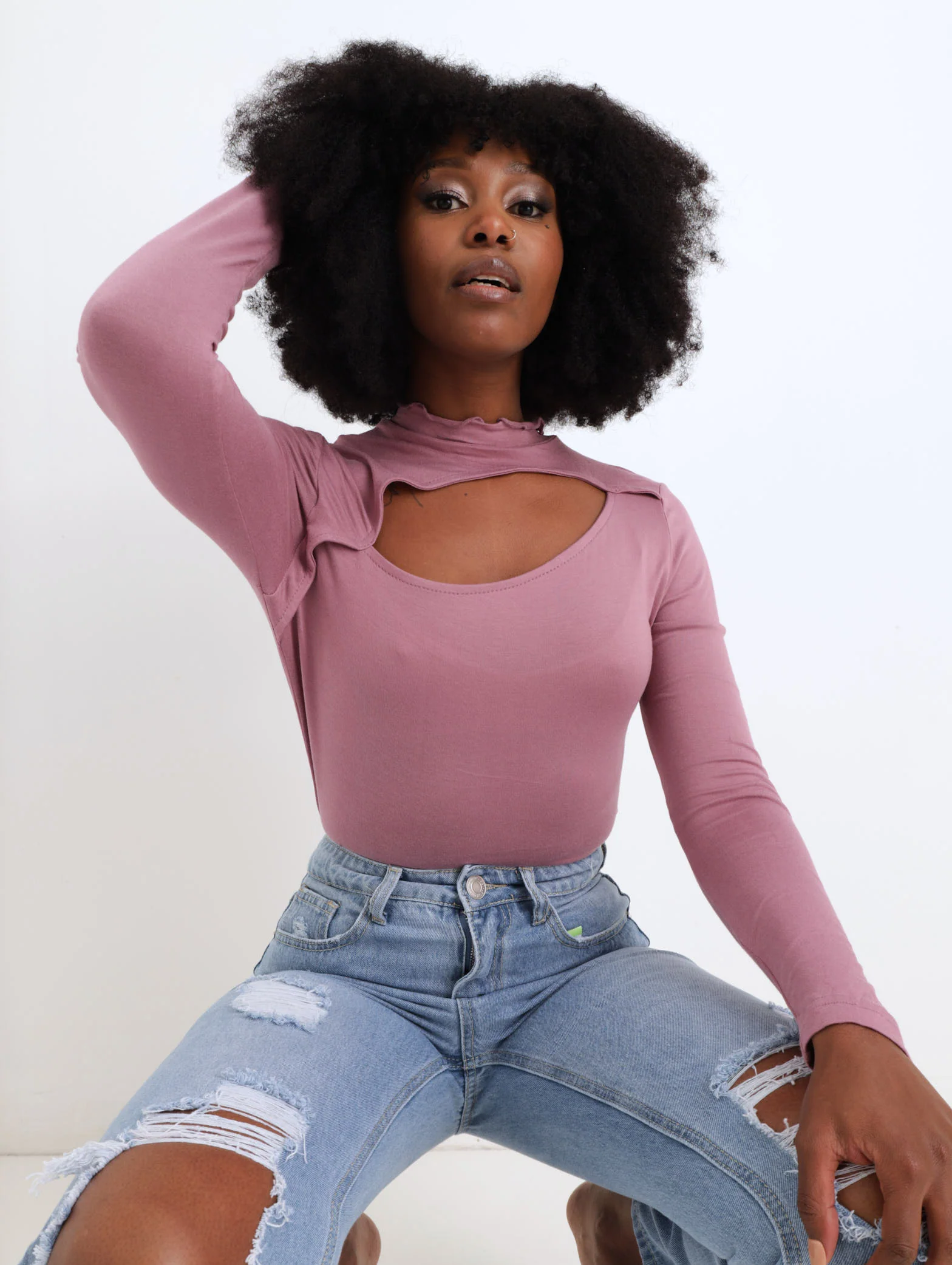 Long Sleeve Cut Out Tee - Mauve - Image 2