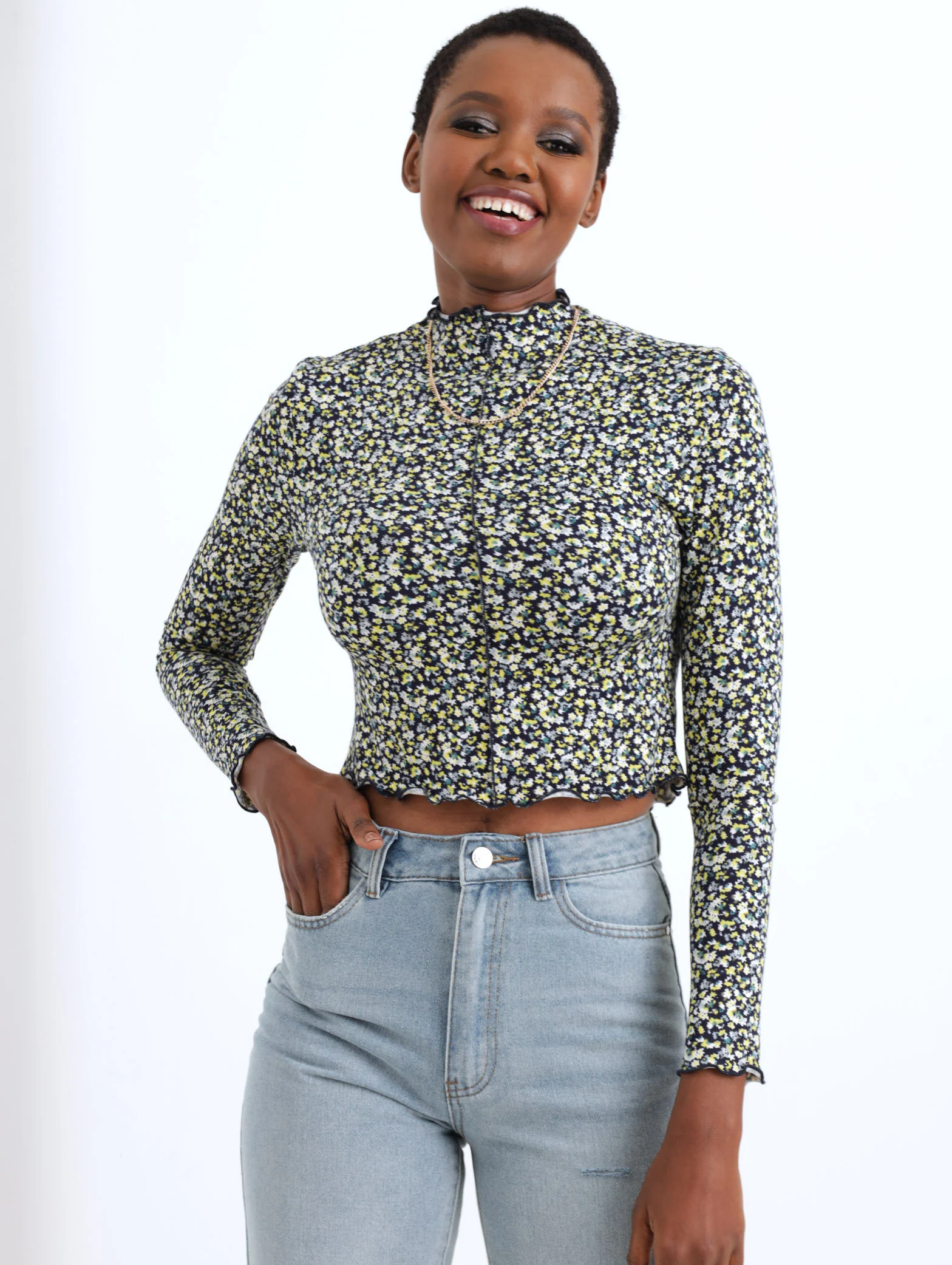 Long Sleeve Ditsy Lettuce Edge Top