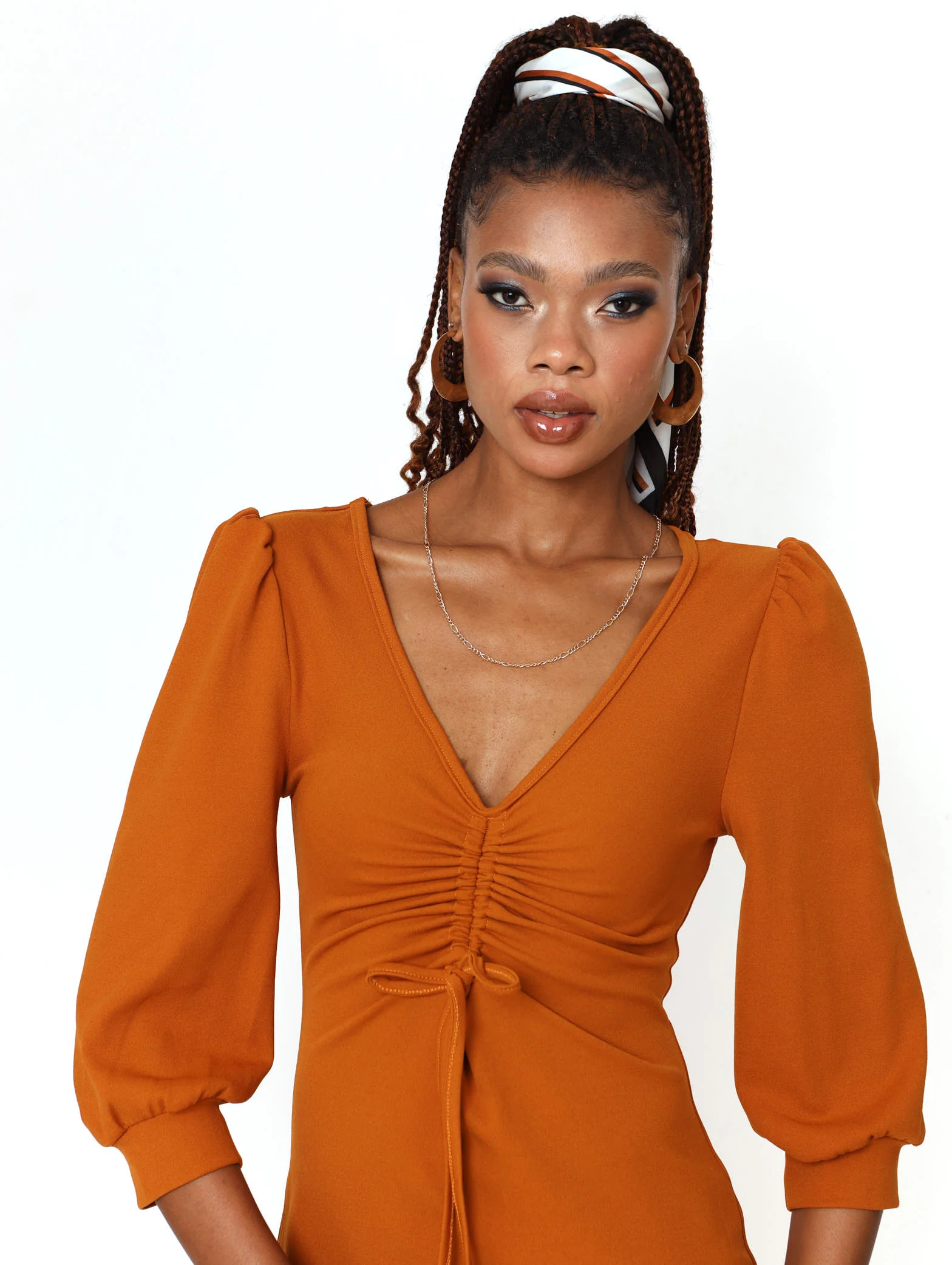 Long Sleeve Drawcord Bodycon Dress - Mustard - Image 6