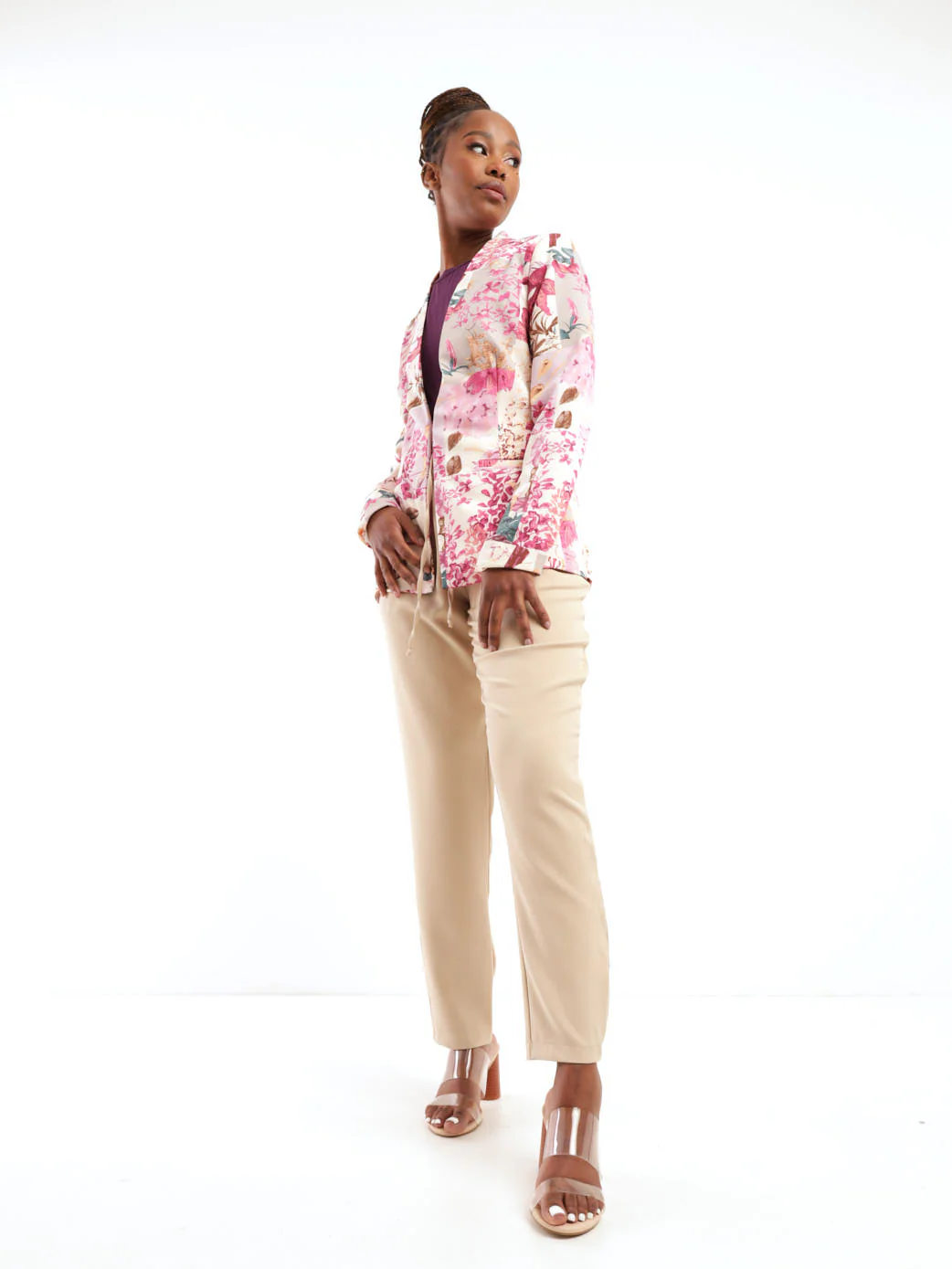 Long Sleeve Floral Printed Collarless Blazer - Floral - Image 2