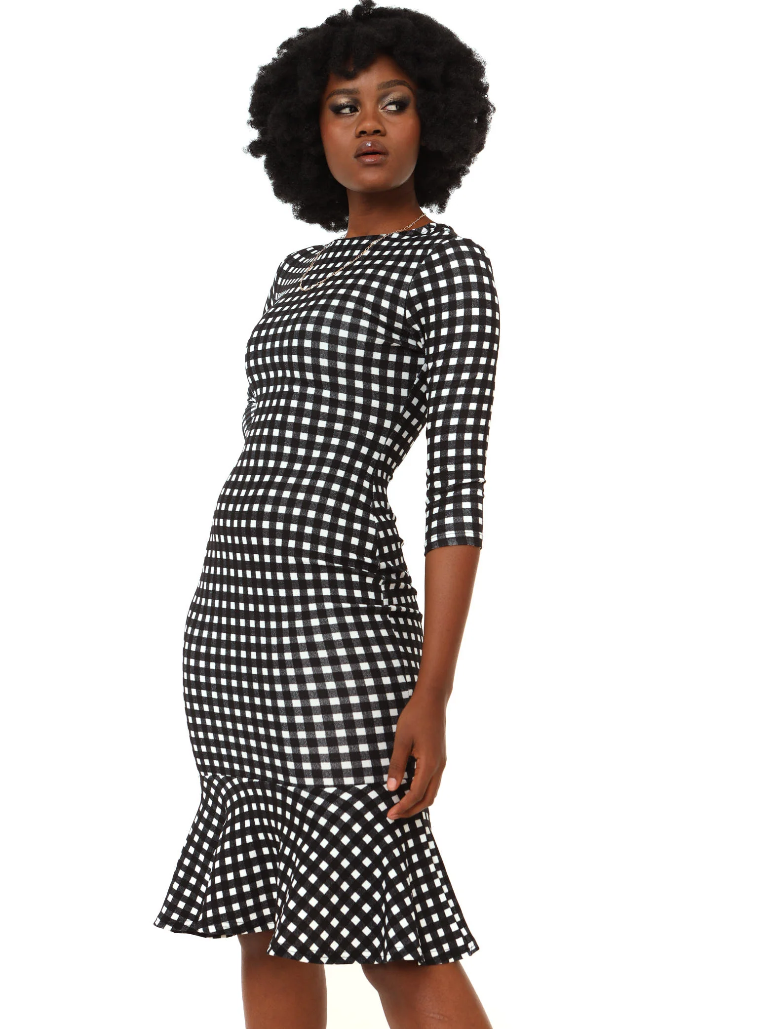 Long Sleeve Flounce Hem Dress - Check - Image 2