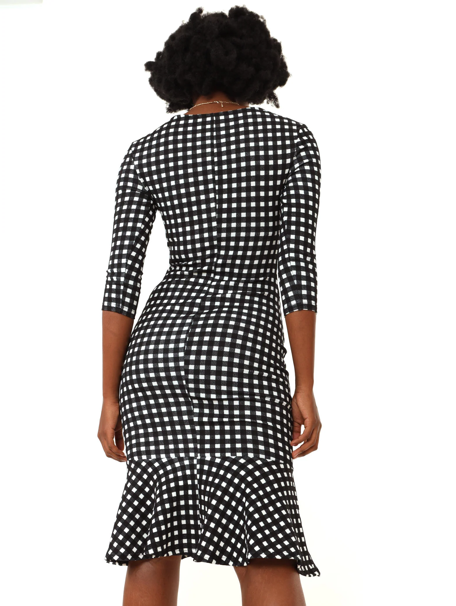 Long Sleeve Flounce Hem Dress - Check - Image 3