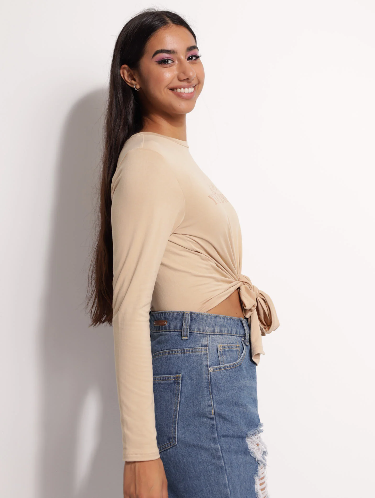 Long Sleeve Front Tie Tee - Taupe - Image 3