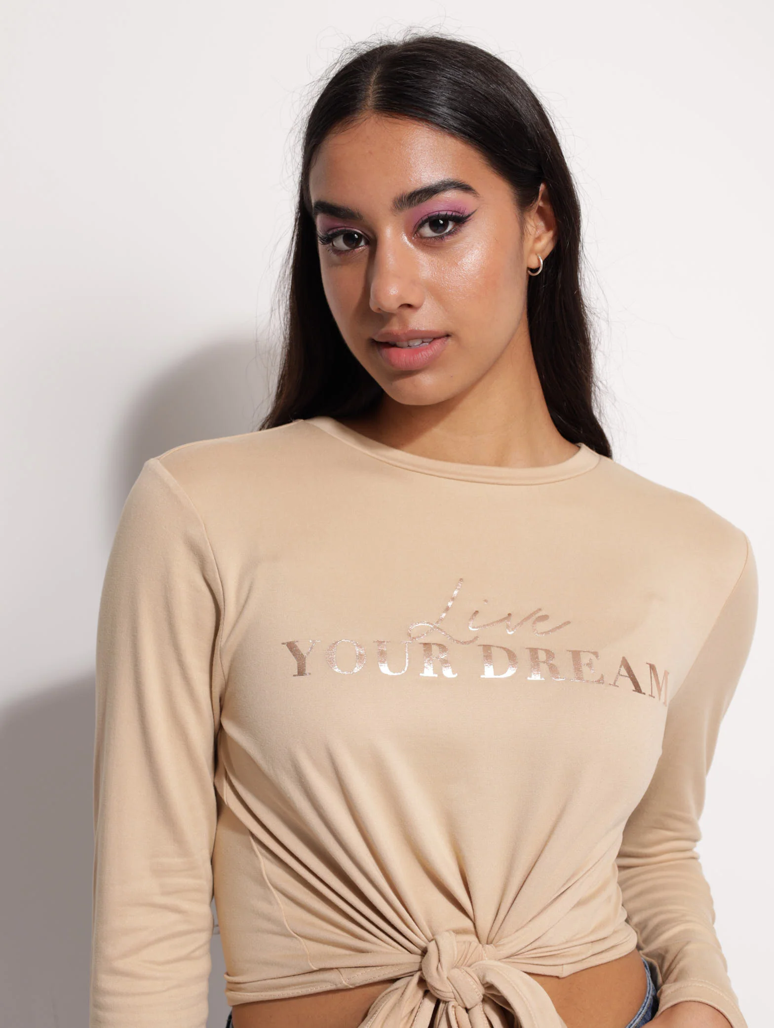 Long Sleeve Front Tie Tee - Taupe - Image 5