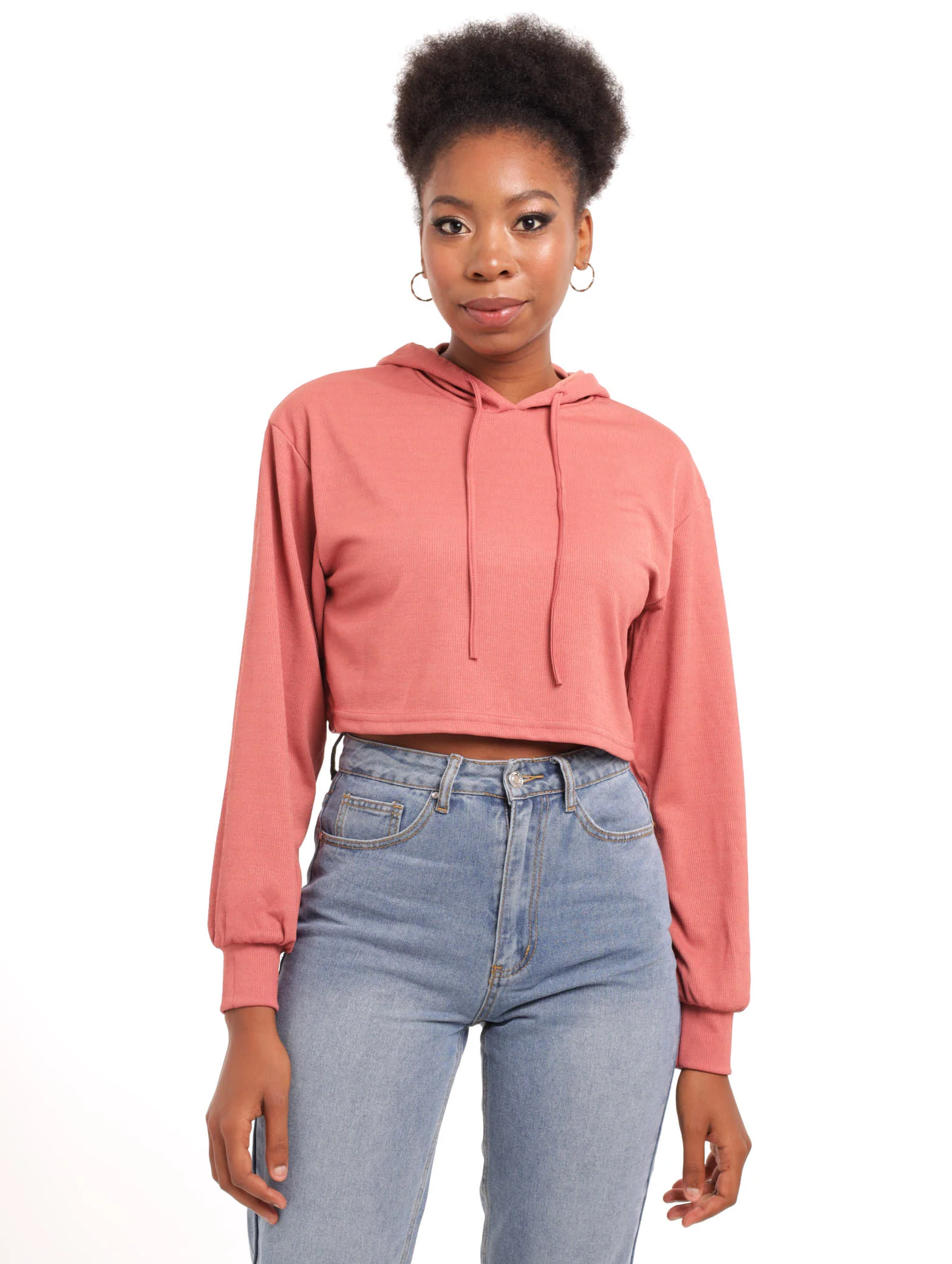 Long Sleeve Hooded Ribbed Top - Mink - Image 2