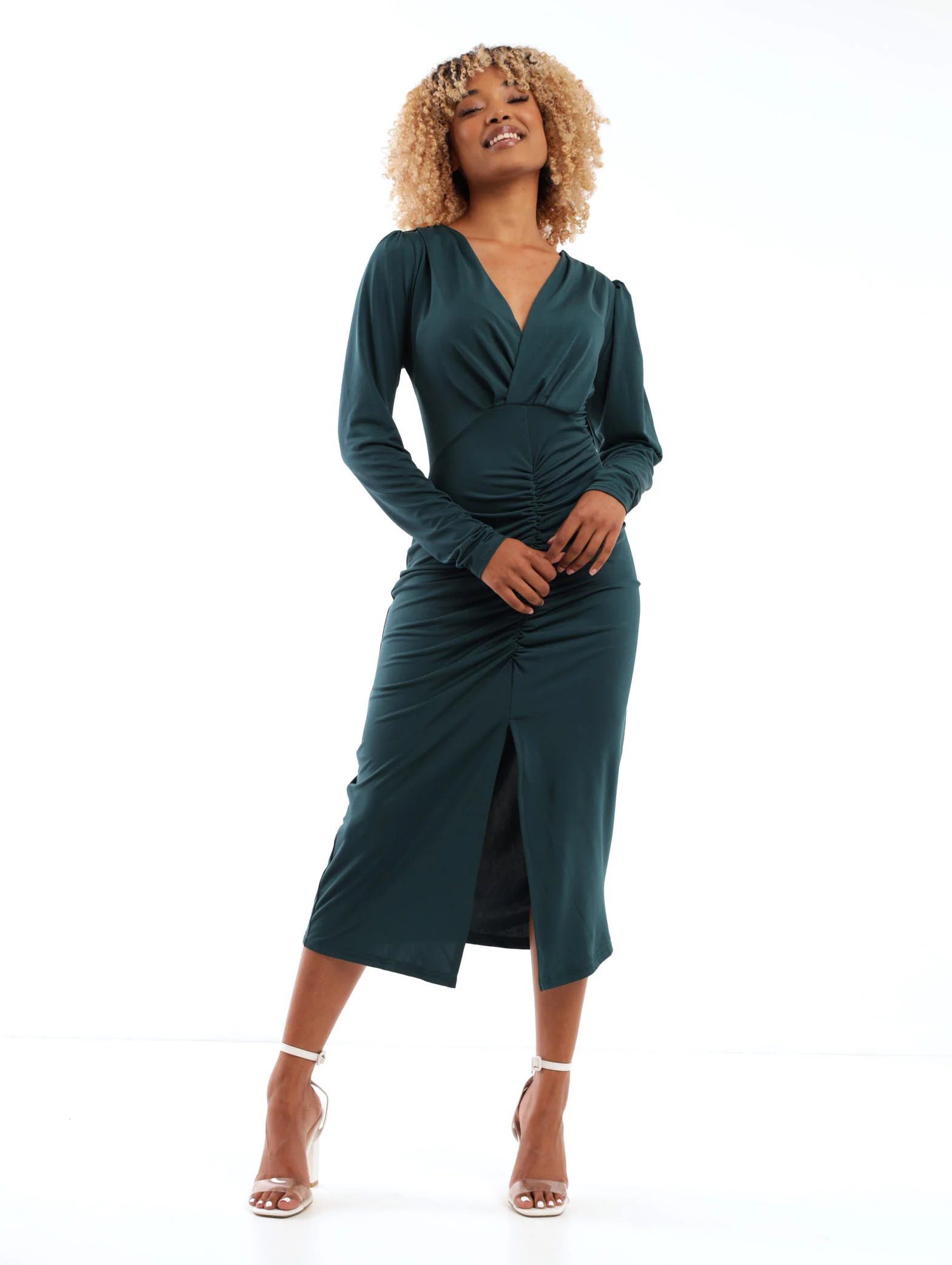 Long Sleeve Knot Front Knit Midi Dress - Teal