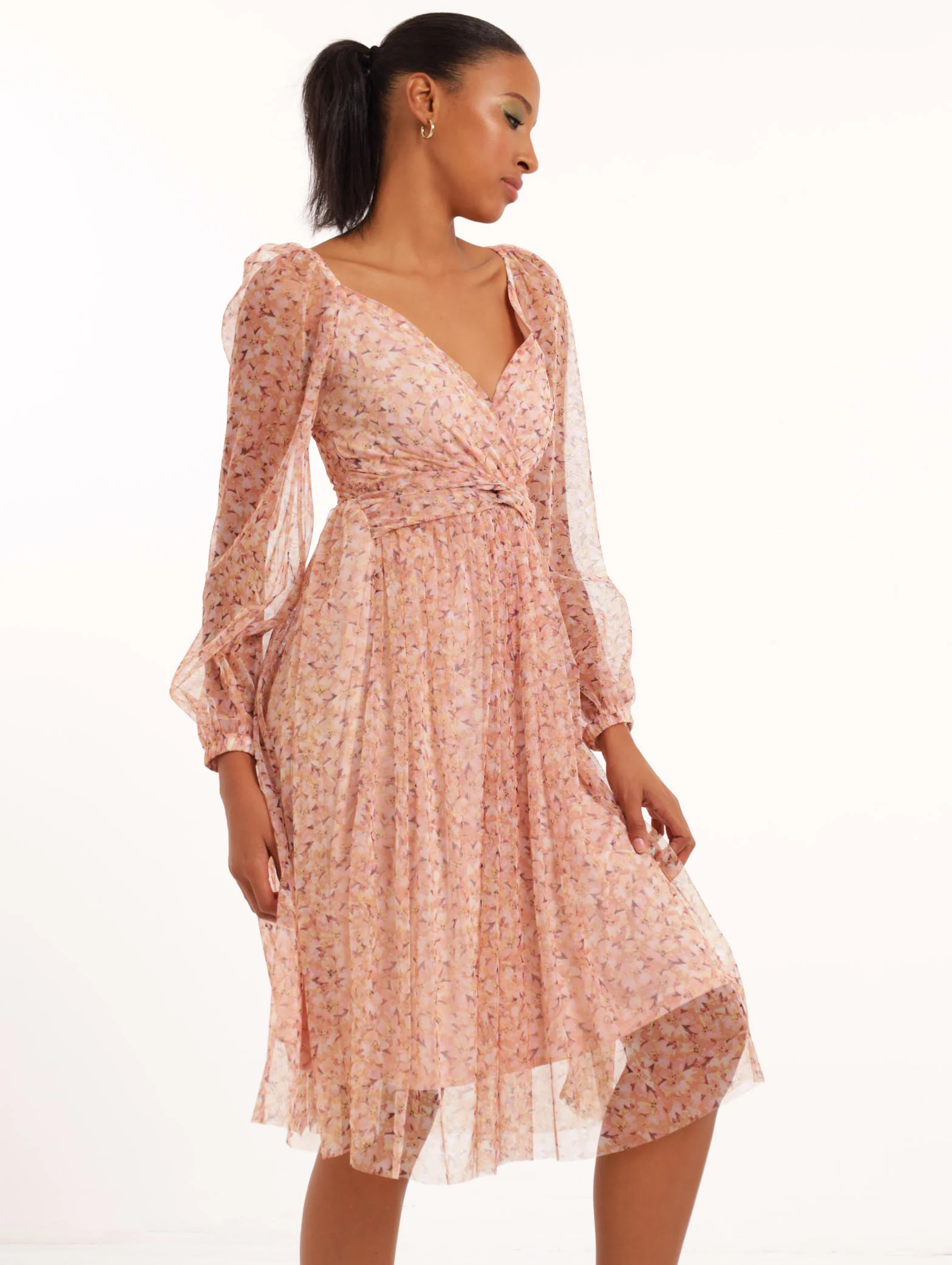 Long Sleeve Knot Front Printed Prom Dress - Image 2