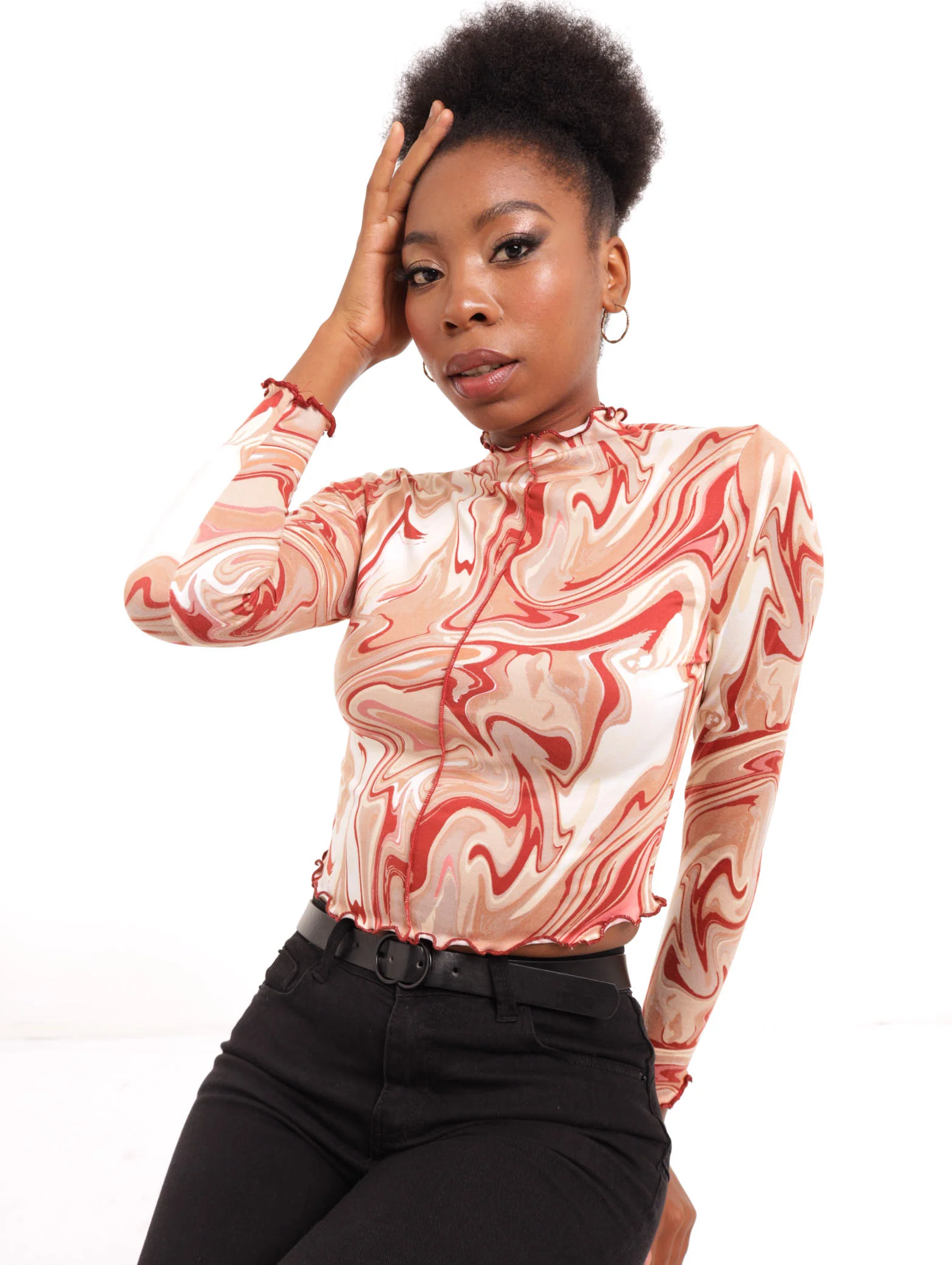 Long Sleeve Marble Lettuce Edge Top