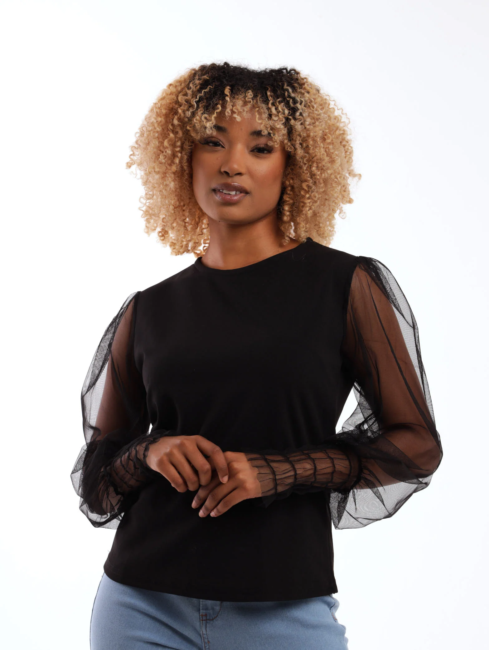 Long Sleeve Mesh Shirred Detail Top - Black