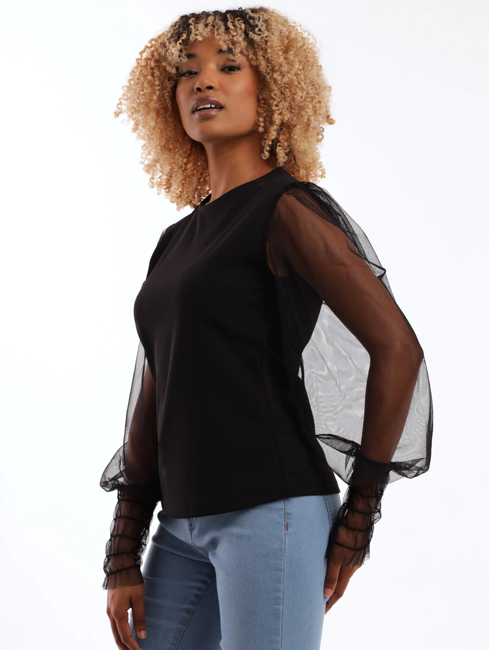 Long Sleeve Mesh Shirred Detail Top - Black - Image 3
