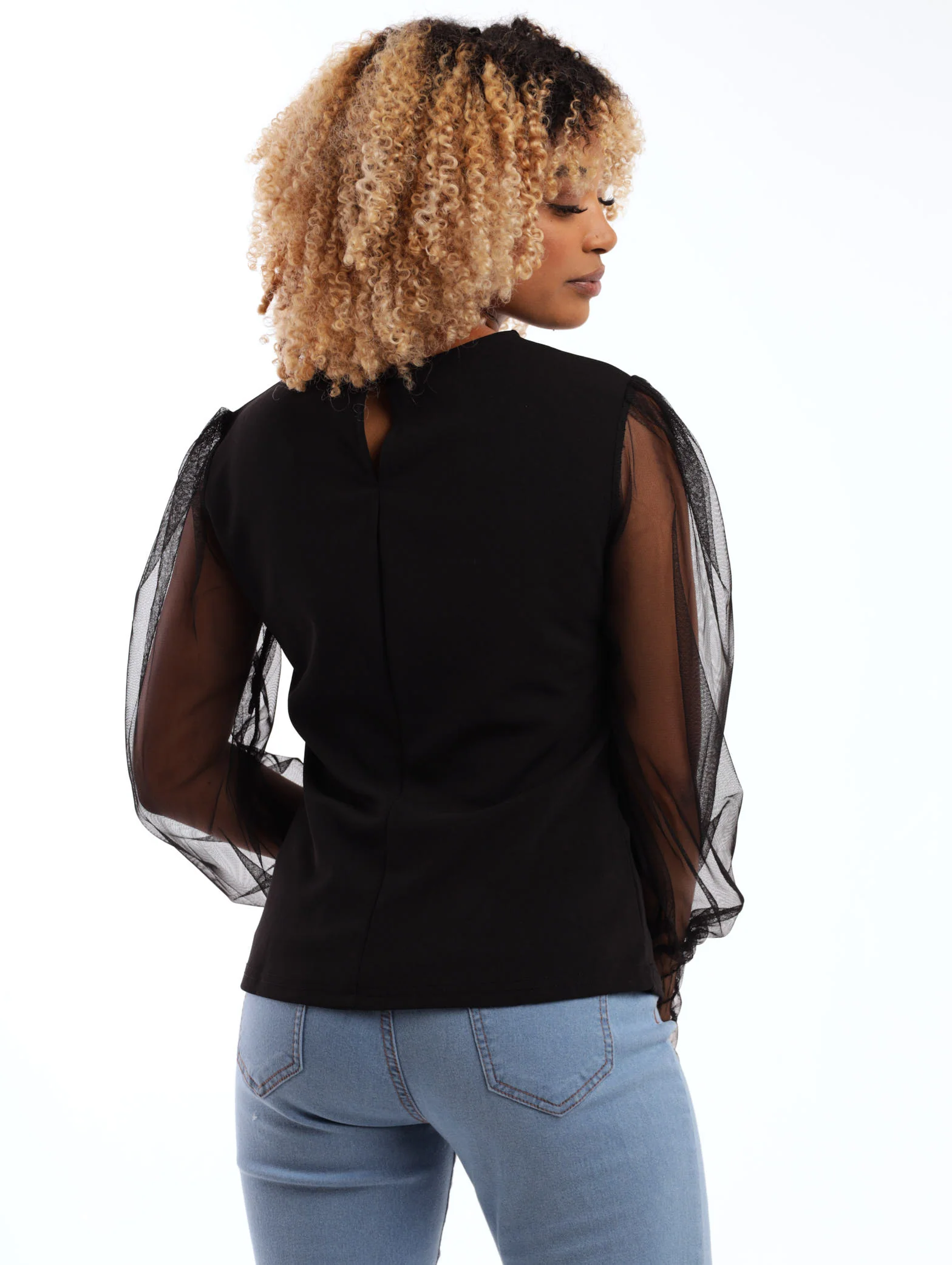 Long Sleeve Mesh Shirred Detail Top - Black - Image 4