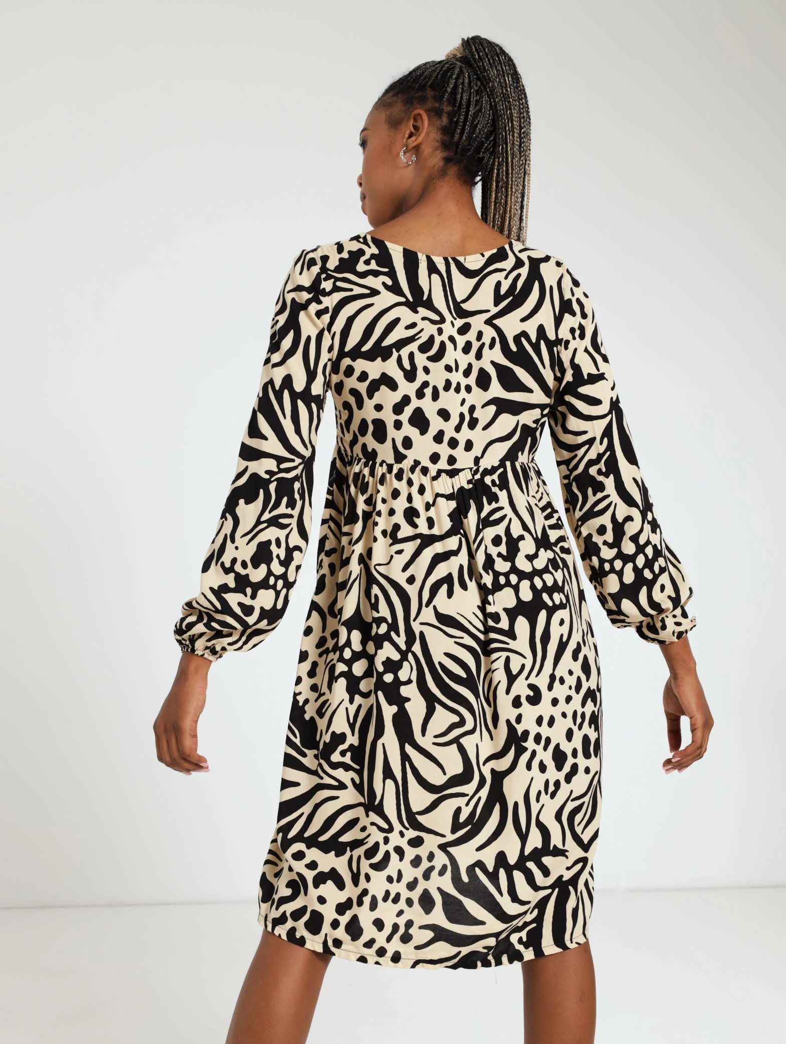 Long Sleeve Printed Dress - Black/Beige - Image 3