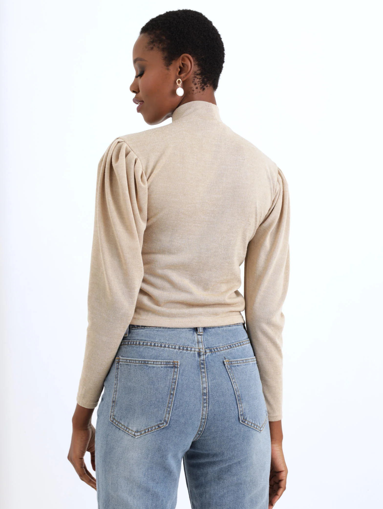 Long Sleeve Puff Sleeve Top  - Stone - Image 3