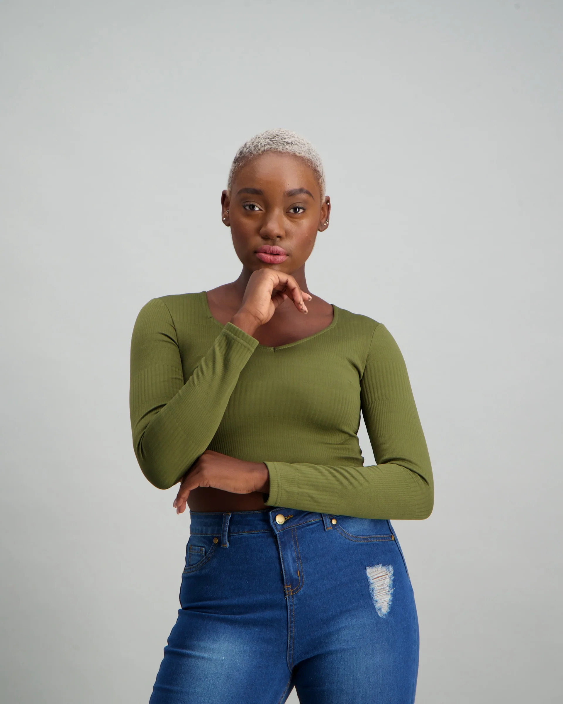 Long Sleeve Ribbed Crop Top - Fatigue