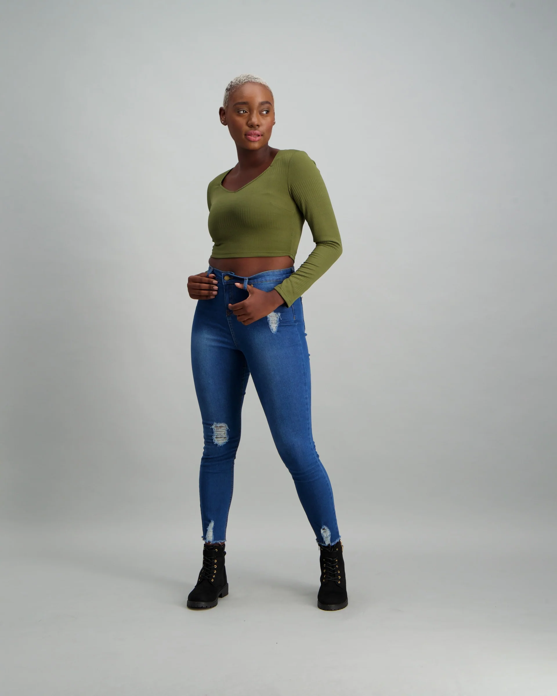 Long Sleeve Ribbed Crop Top - Fatigue - Image 2