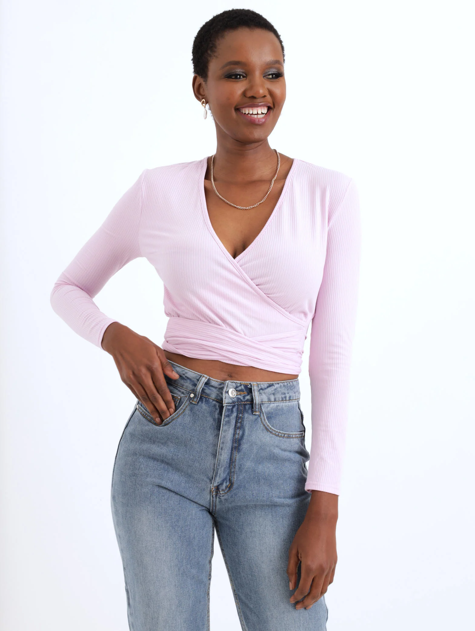 Long Sleeve Ribbed Crossover Top - Lavender