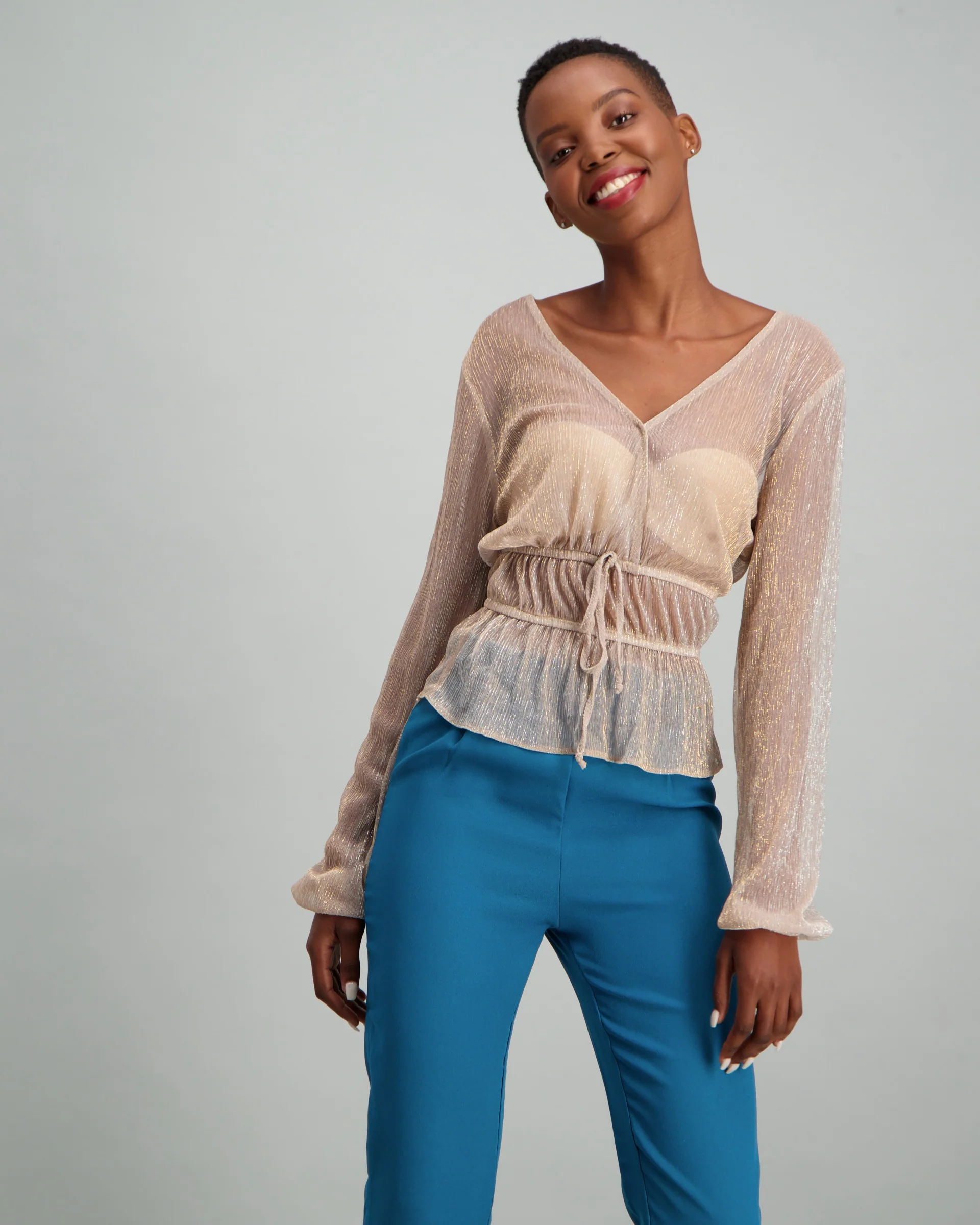 Long Sleeve Rouched Blouse - Champagne