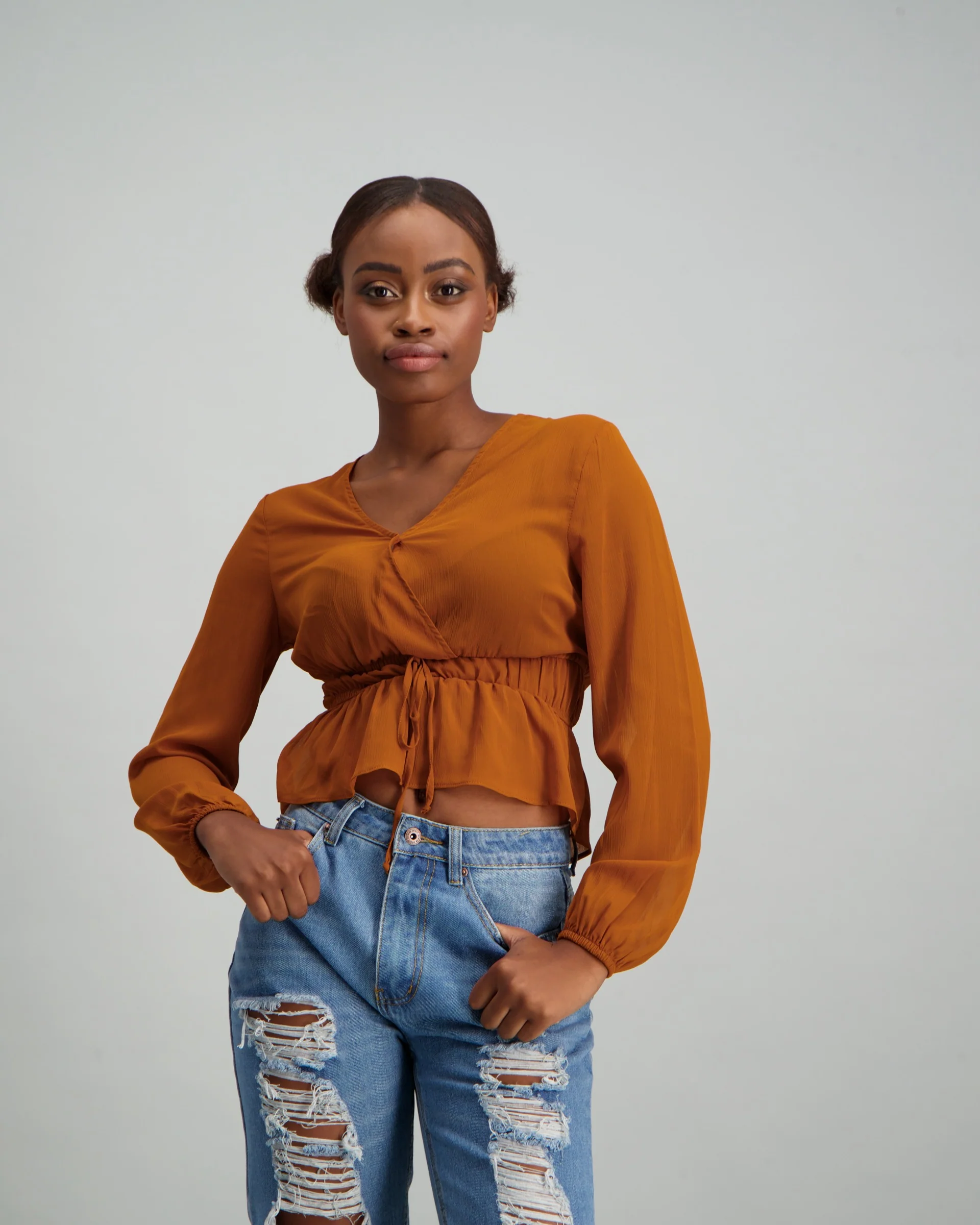 Long Sleeve Rouched Blouse - Mustard