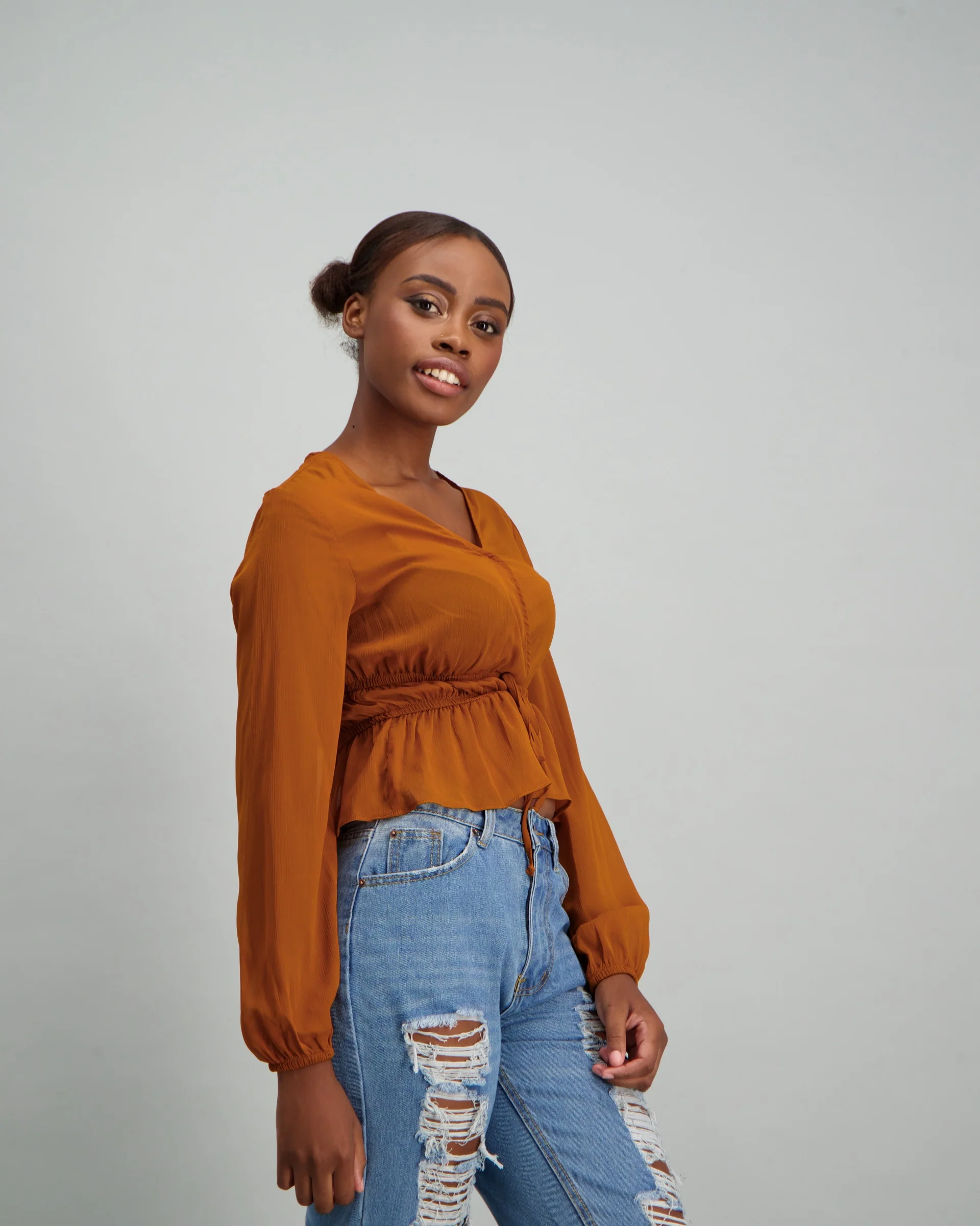 Long Sleeve Rouched Blouse - Mustard - Image 4