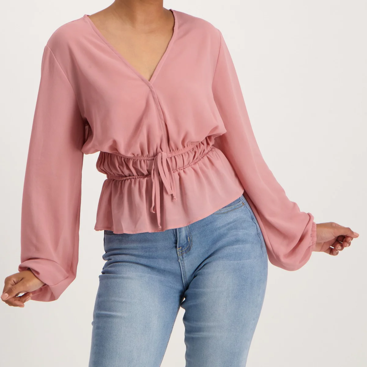 Long Sleeve Rouched Blouse - Pink