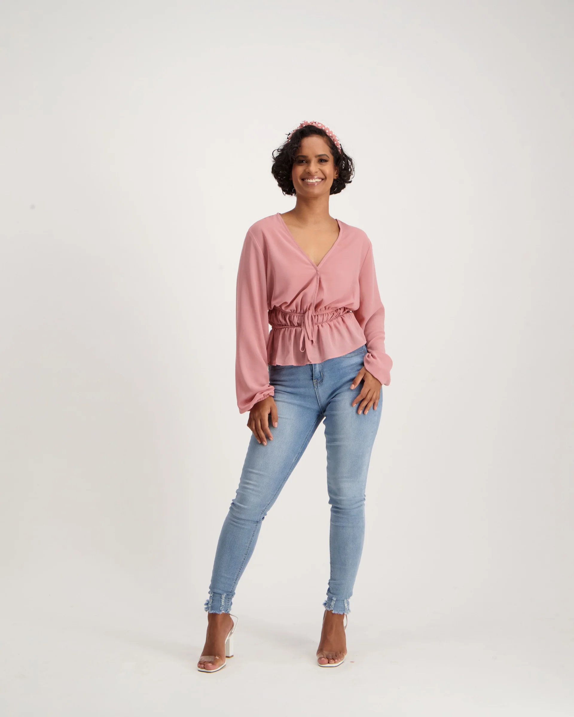 Long Sleeve Rouched Blouse - Pink - Image 2