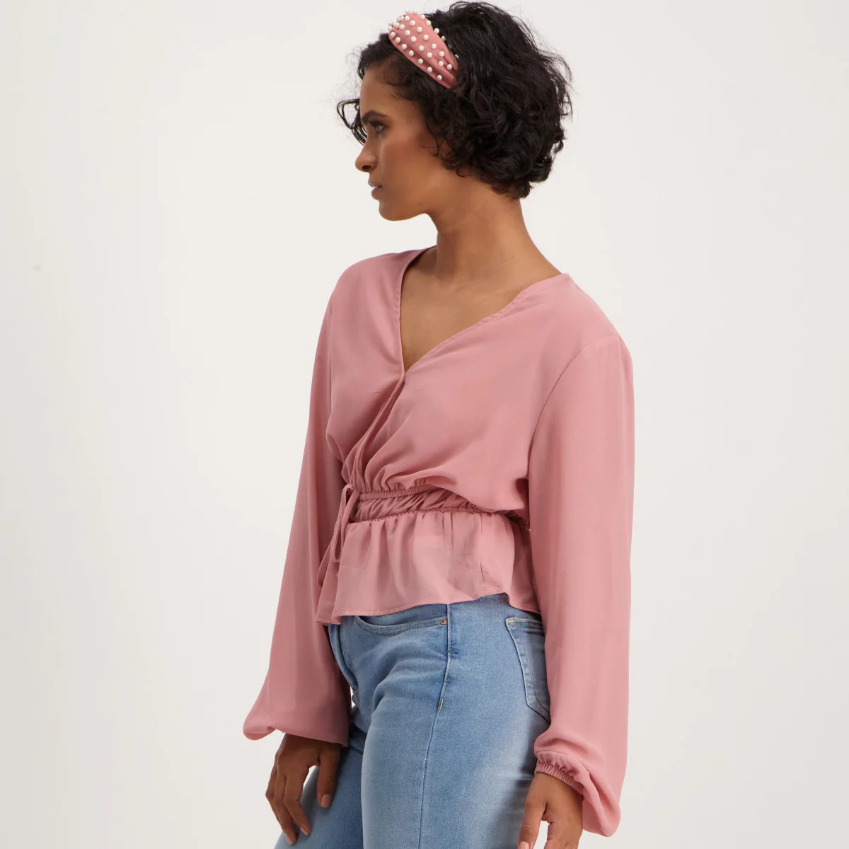 Long Sleeve Rouched Blouse - Pink - Image 3