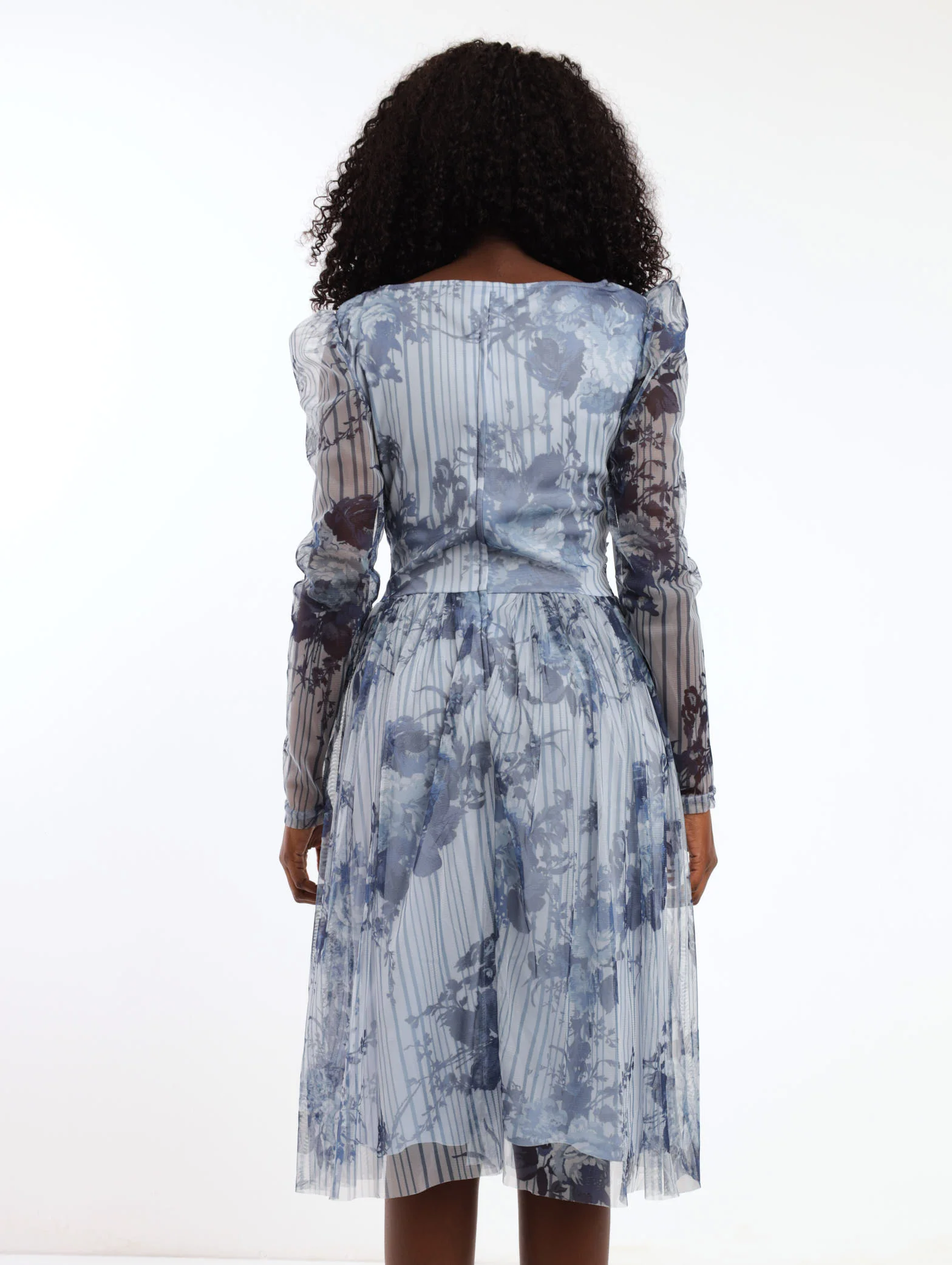 Long Sleeve Ruched Waist Printed Prom Dress - Blue - Image 3