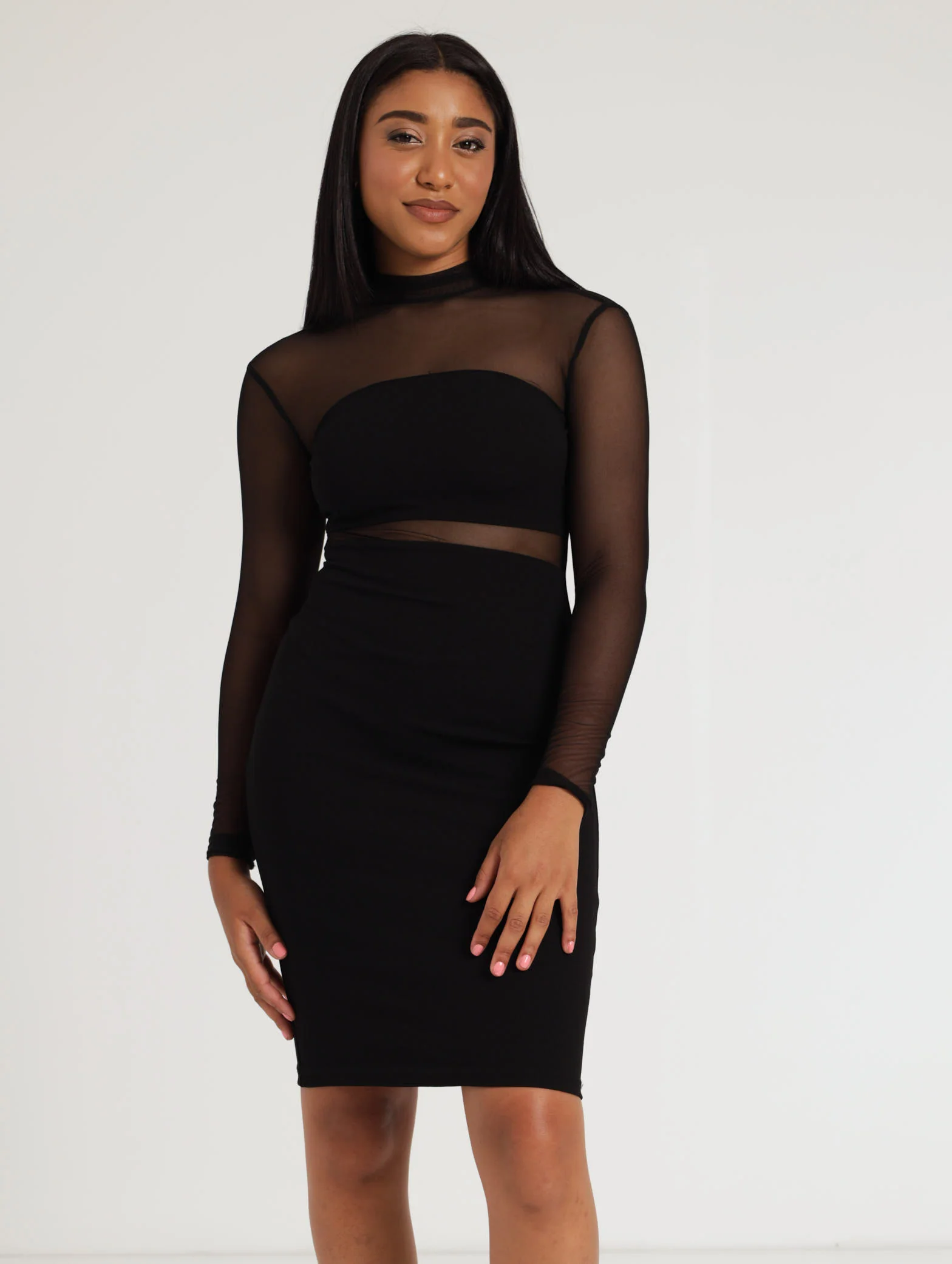Long Sleeve Scuba Mesh Panelled Dress - Black