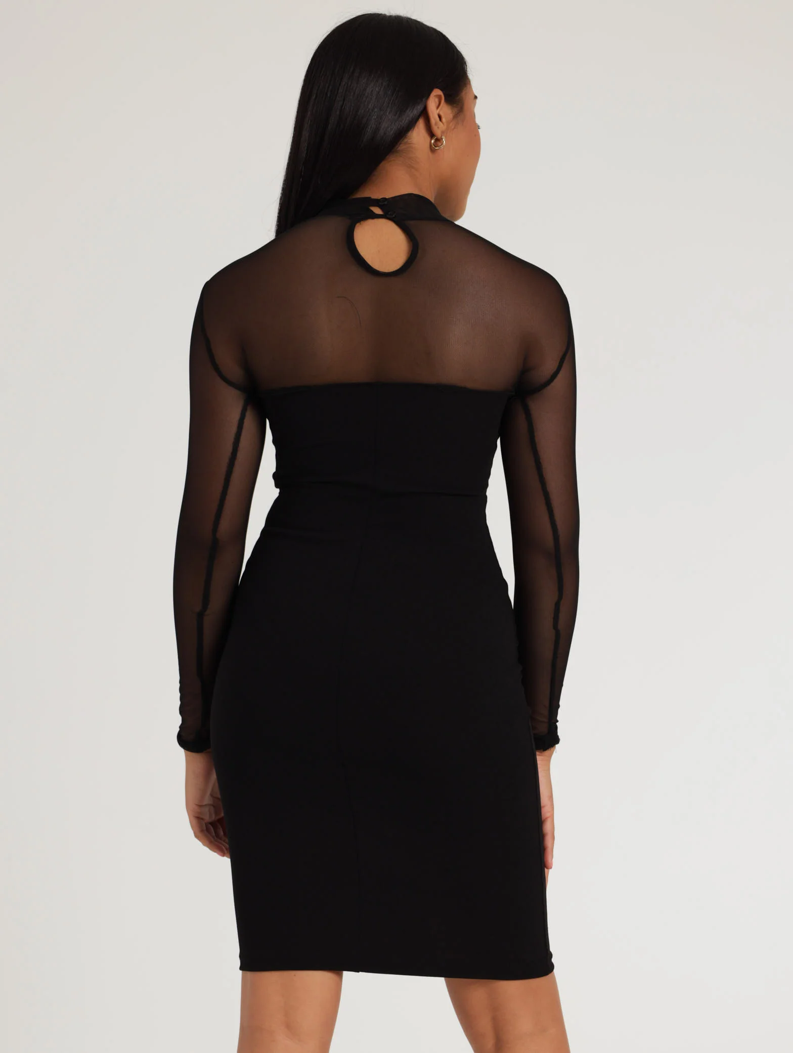 Long Sleeve Scuba Mesh Panelled Dress - Black - Image 4