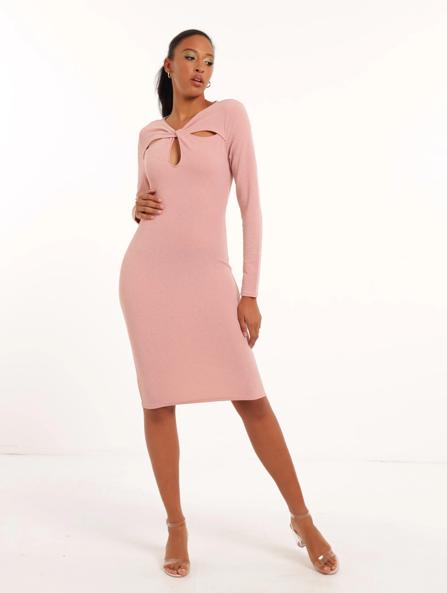 Long Sleeve Shimmer Bodycon Dress - Blush - Image 2