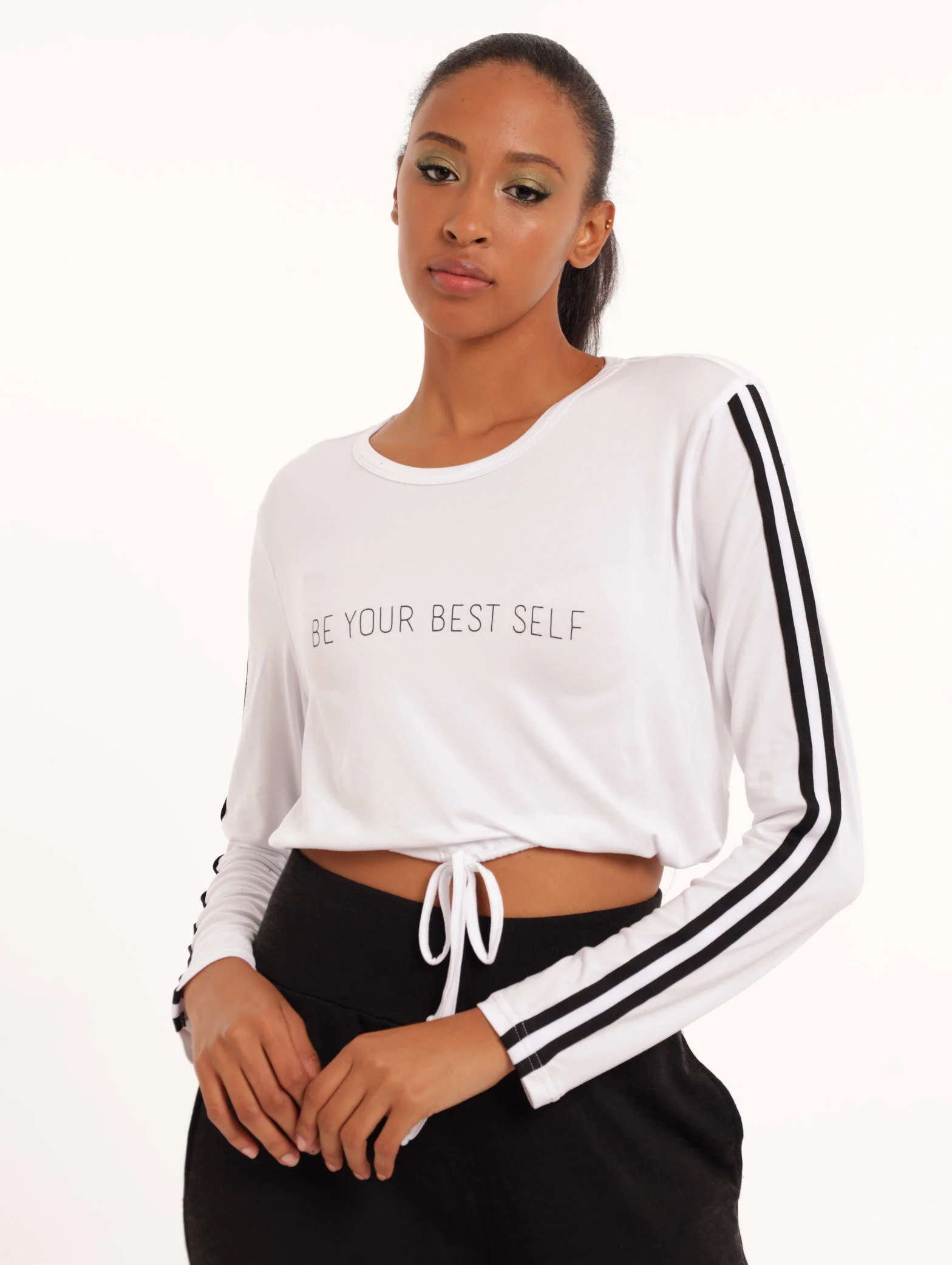 Long Sleeve Side Tape Elasticated Tee - White