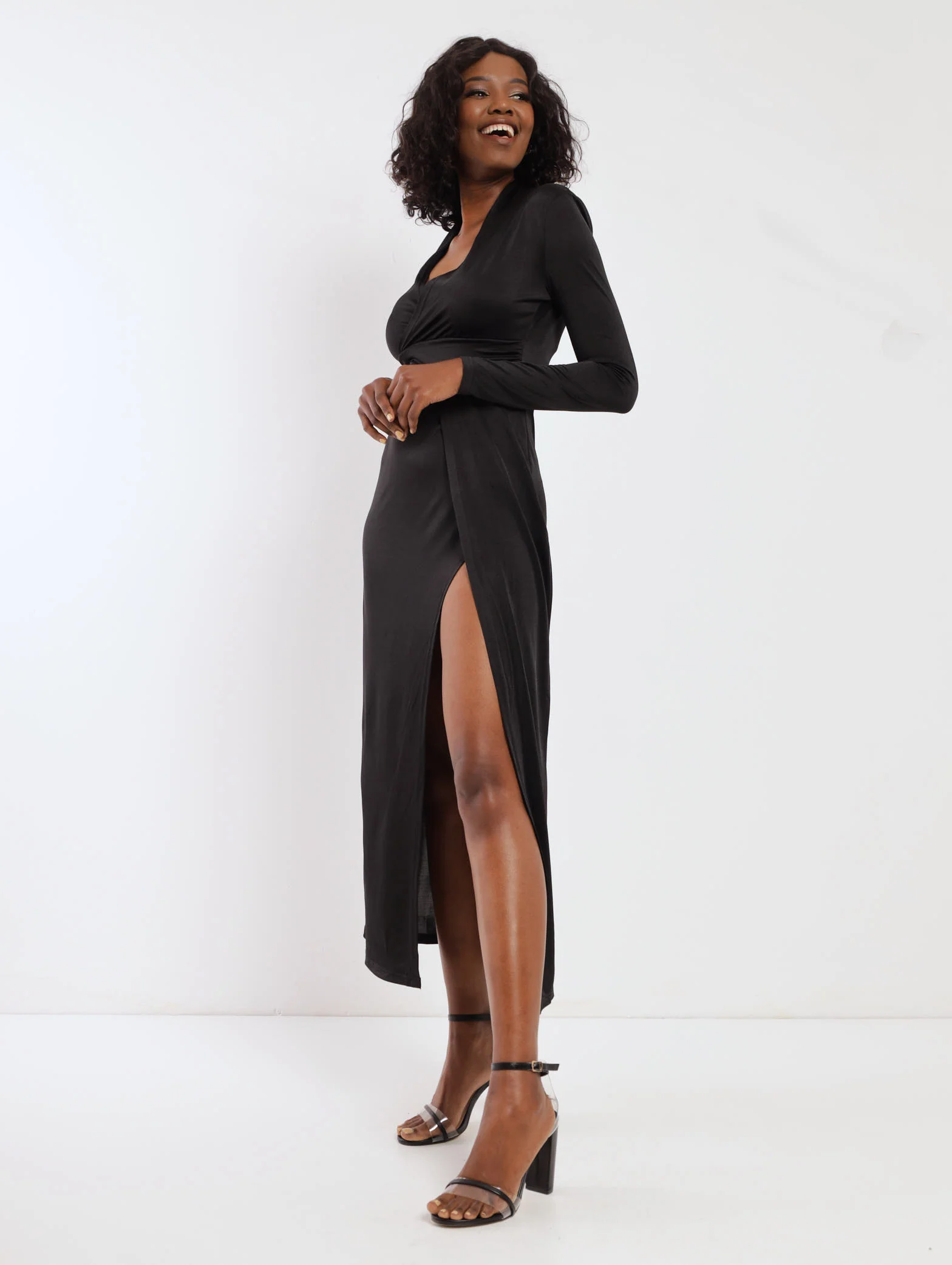 Long Sleeve Slinky Maxi Dress - Black - Image 3