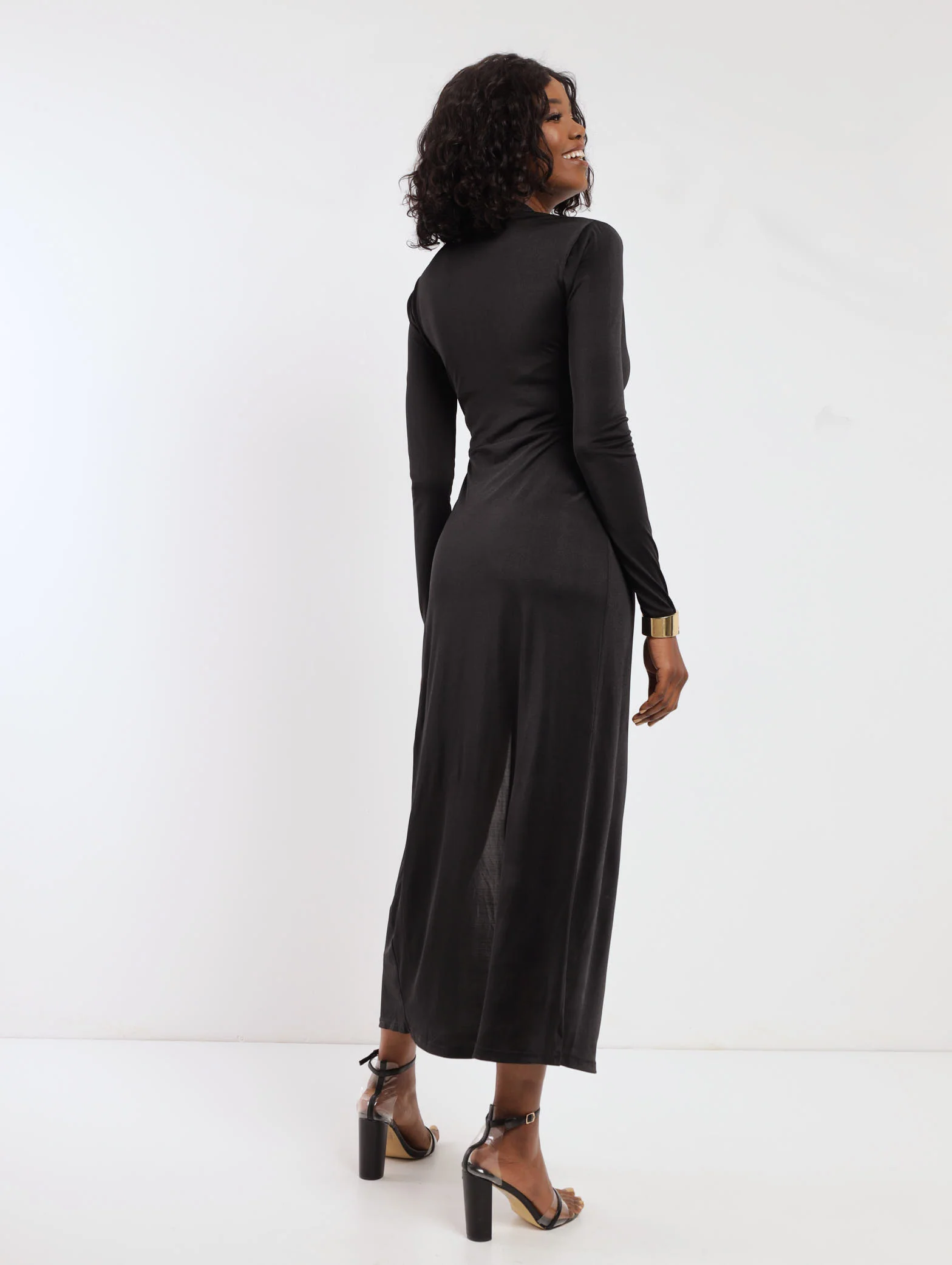 Long Sleeve Slinky Maxi Dress - Black - Image 4