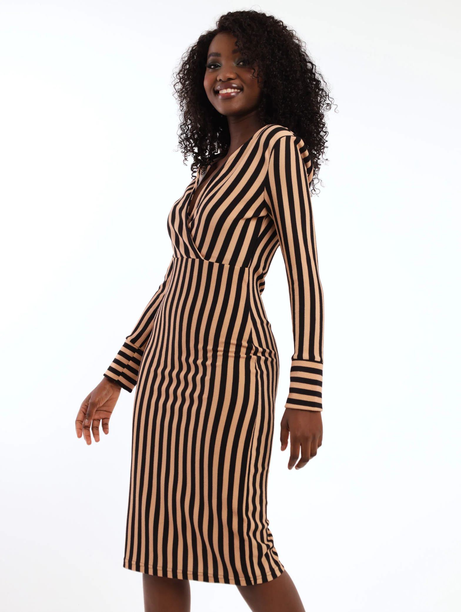 Long Sleeve Stripe Detail Bodycon Dress - Image 3