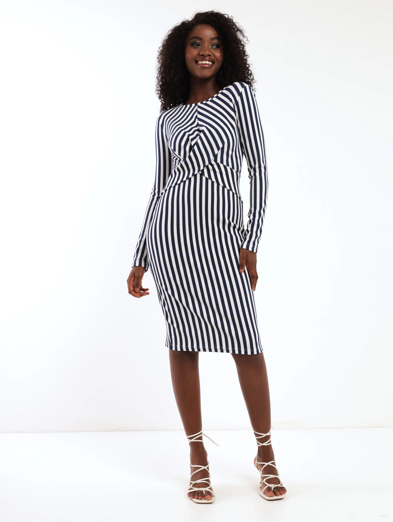 Long Sleeve Stripe Knot Front Bodycon Dress - Navy - Image 2