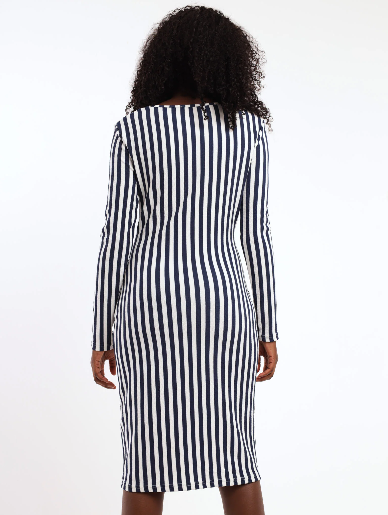 Long Sleeve Stripe Knot Front Bodycon Dress - Navy - Image 3