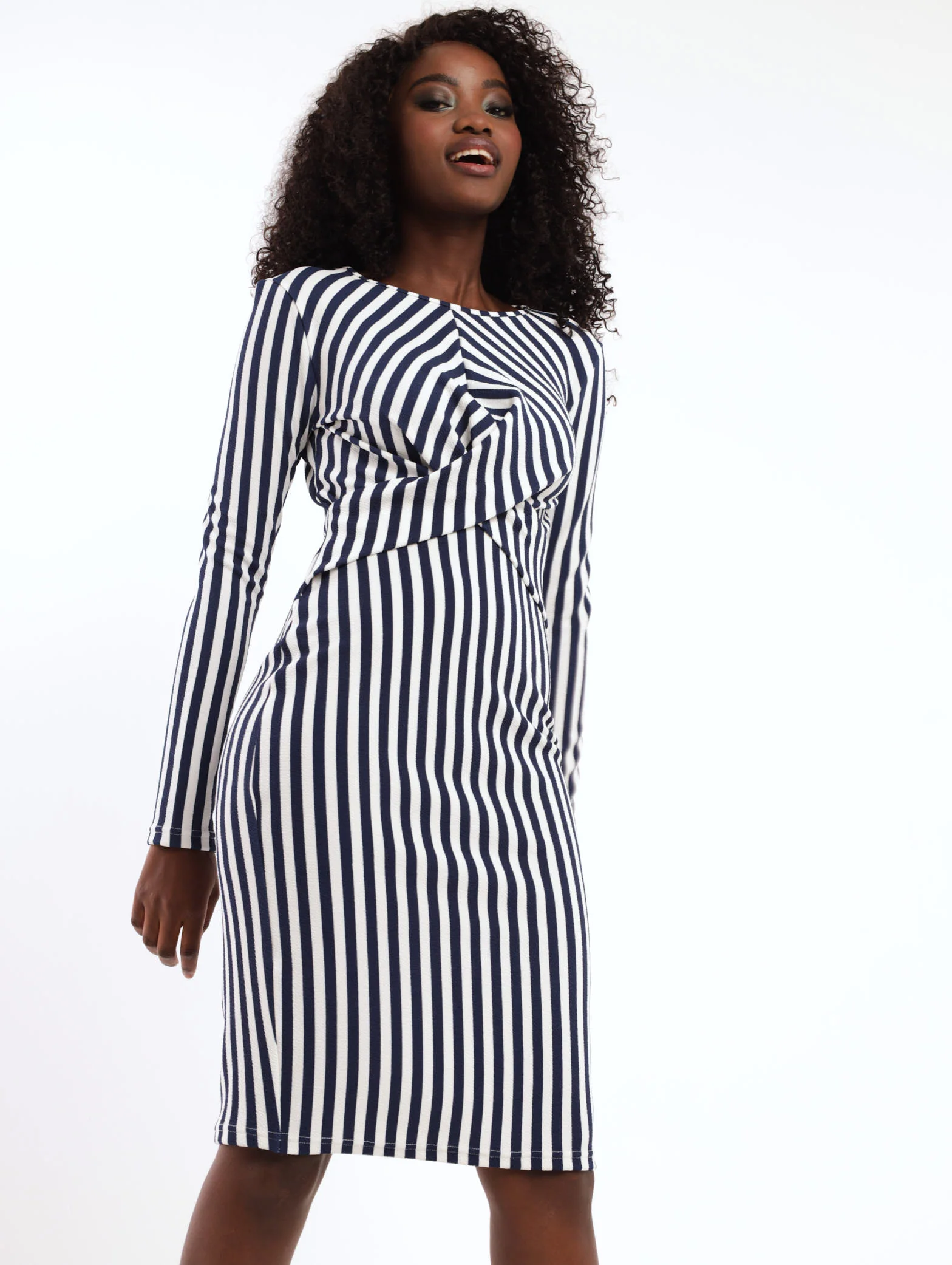 Long Sleeve Stripe Knot Front Bodycon Dress - Navy - Image 4