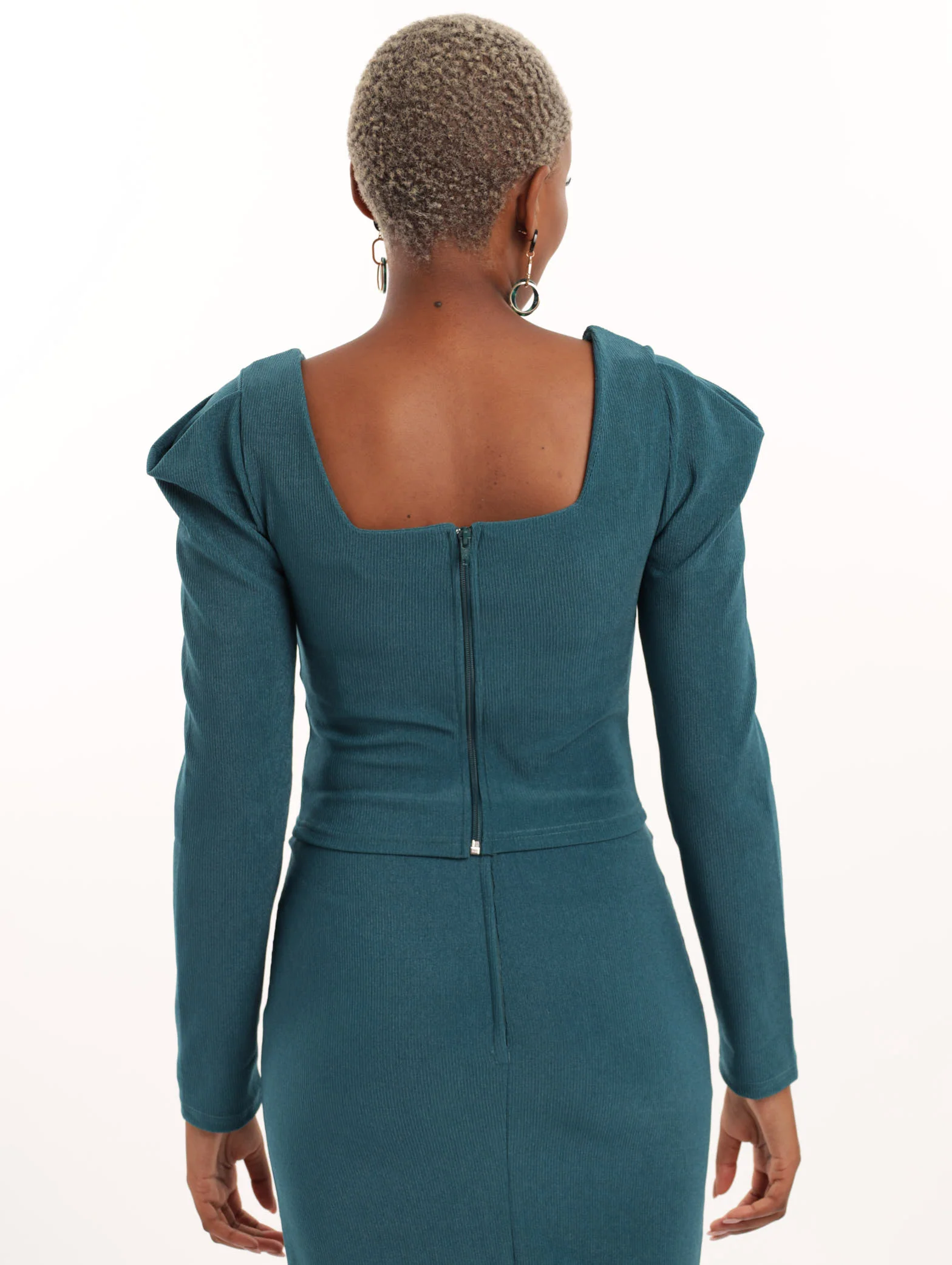 Long Sleeve Textured Pleat Sleeve Top - Teal - Image 3