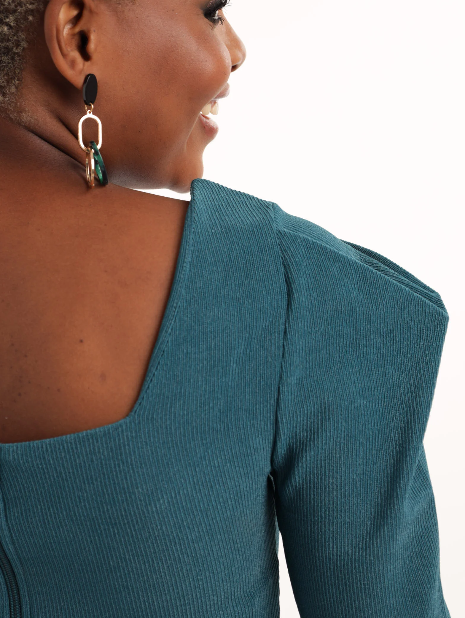 Long Sleeve Textured Pleat Sleeve Top - Teal - Image 4